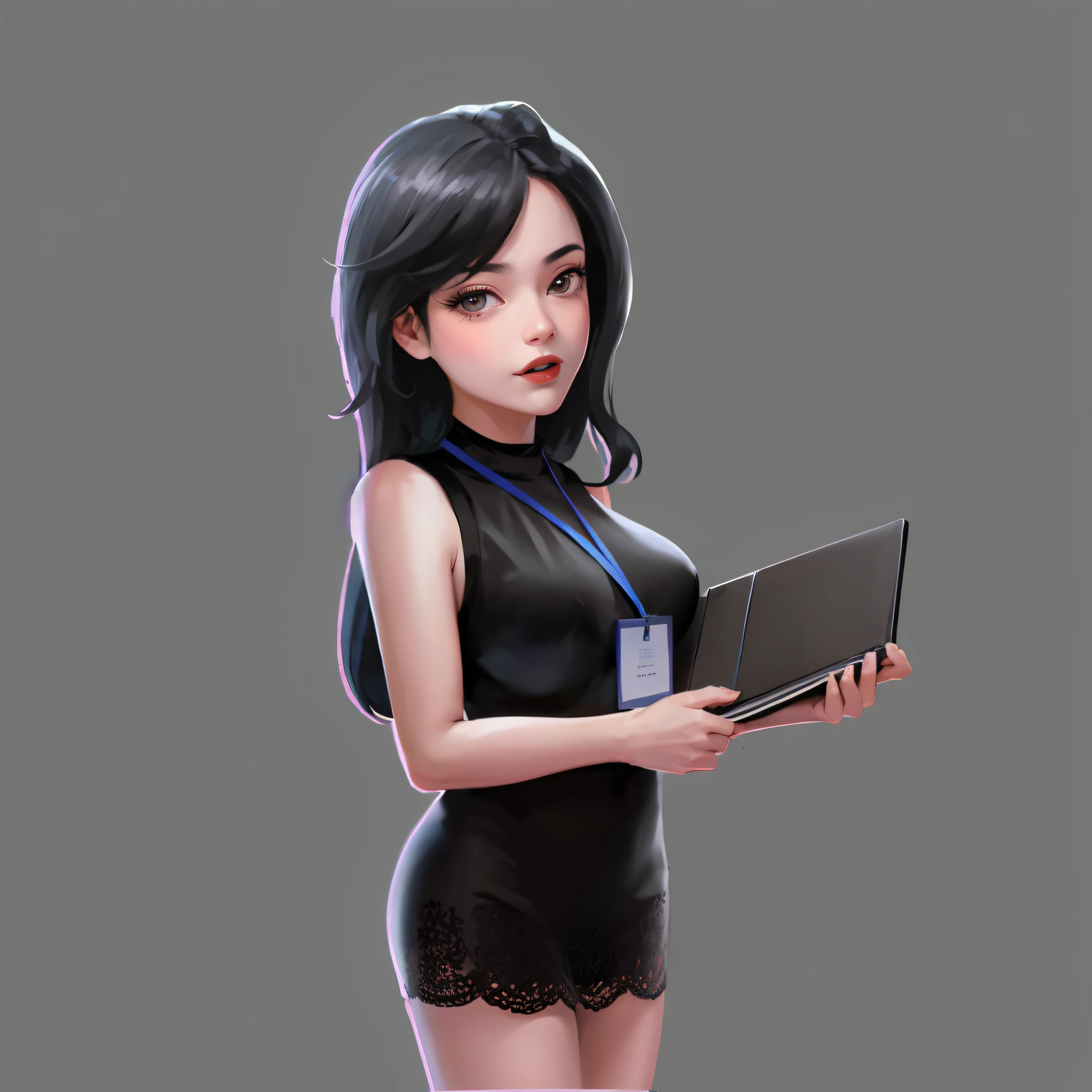 (absurderes, A high resolution, ultra - detailed), 1 beautiful secretary girl,rays of sunshine, Feminine, perfect body figure, finely quality eyes, Complicated details, sportrait, (bloody scars:0.7), Laptop in hand, 独奏, (full bodyesbian:0.6),detailed back ground,closeup cleavage,A determined expression,Dynamic posture,Slam dunk in Japanese manga,A girl in a black lace dress,Very beautiful looking,Long hair,Sideways holding the computer, ,Vector graphics,Flat coating,pop-art,Encaustic painting,detail-rich,The painting style is refreshing,Professional illustration、 A beautyful girl,The texture is clear,Local Q printing,Rounded,Flat coating,detailed meticulous,oil painted,Paint every intricate detail with an oil brush on a smooth canvas, ,hiqcgbody,Lens 135mm,f 1,