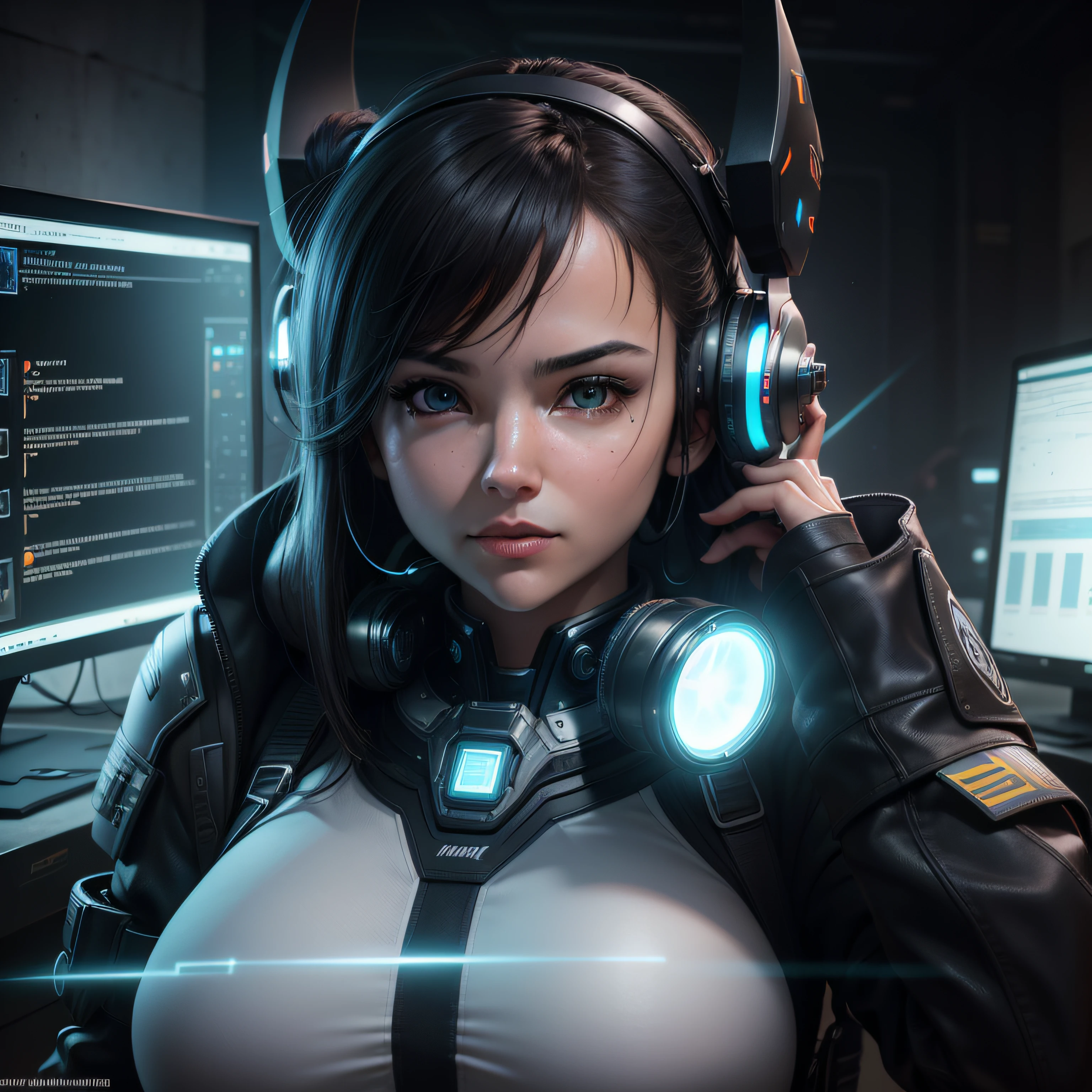((Best quality)), ((masterpiece)), (highly detailed:1.3), 3D,rfktr_technotrex, beautiful cyberpunk woman with voluminous hair,(wearing head-mounted display that is chunky and hi-tech:1.2),hacking a computer terminal,computer servers, LCD screens, fibre optic cables, corporate logos,HDR (High Dynamic Range),Ray Tracing,NVIDIA RTX,Super-Resolution,Unreal 5,Subsurface scattering,PBR Texturing,Post-processing,Anisotropic Filtering,Depth-of-field,Maximum clarity and sharpness,Multi-layered textures,Albedo and Specular maps,Surface shading,Accurate simulation of light-material interaction,Perfect proportions,Octane Render,Two-tone lighting,Low ISO,White balance,Rule of thirds,Wide aperature,8K RAW,Efficient Sub-Pixel,sub-pixel convolution,luminescent particles,light scattering,Tyndall effect