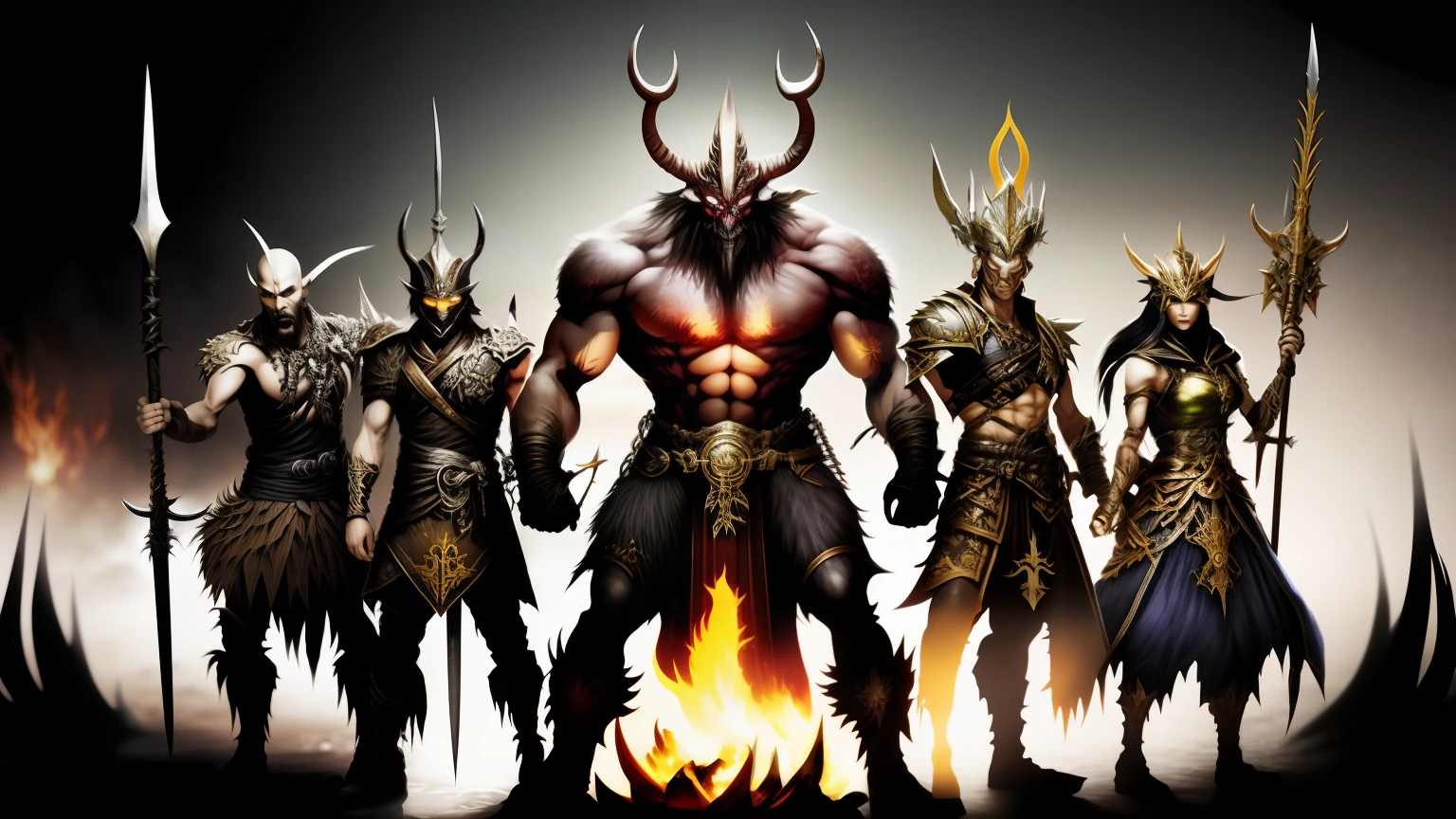 A group of people with spears and spears in front of the fire, guildwar artwork, wrath flame and ruin, Guild Wars 2, Aim for a《Guild Wars 2》is the background, warhammer chaos, Warhammer fantasy battle, Warhammer fantasy art, D & D Dragon Century Warcraft, warhammer art, warhammer fantasy, epic fantasy game art, warhammer style, the final battle in hell