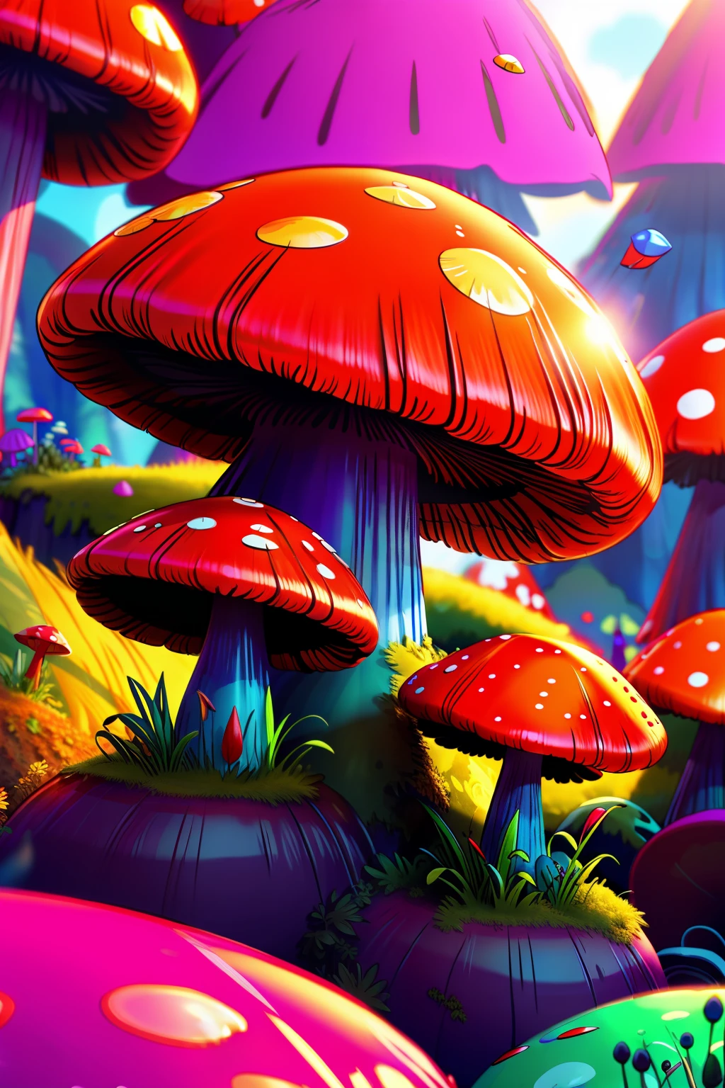 A wonderful world,There are large mushrooms inside,Brilliant colors,8k, best qualtiy,high detailed digital art