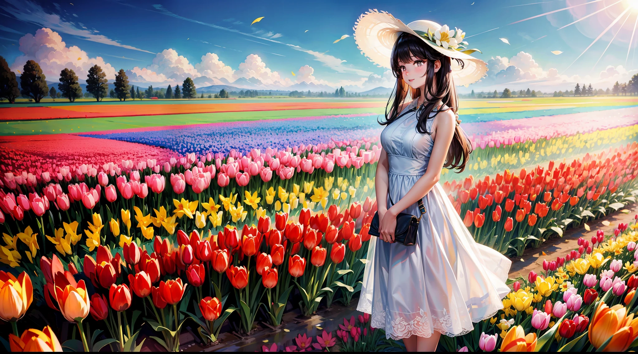 a pretty chinese woman in a field of tulips with a sun hat and sunglasses, wearing a white sleeveless halter dress, tall and slim, dark wavy hair, standing in tulips field, foreground is tulips field, standing in a flower field, woman standing in flower field, standing in a field with flowers, flower fields, girl standing in a flower field, girl in a flower field, in a field of flowers, girl standing in flower field, in a field with flowers