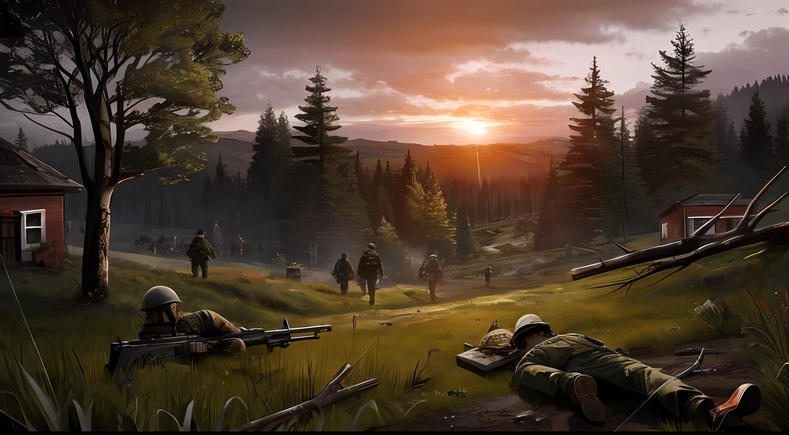 A forest filled with brush and fallen trees, with an abondoned European style house in the distant background, the battle field has dead zombies, guns laying on the ground dead soldiers, before sunset evening, overcast, damaged,