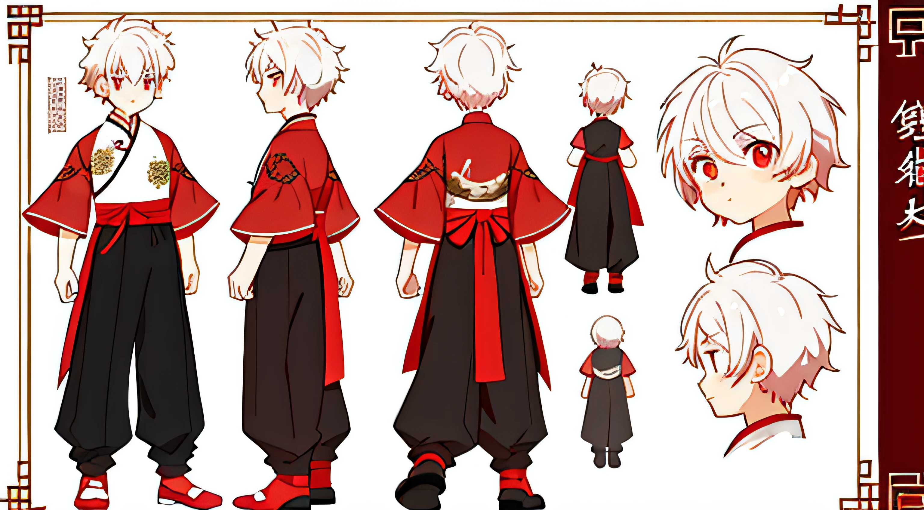 Reference table for a cute boy，with short white hair，red color eyes，ssmile，Black Chinese Hanfu，Red rose on chest，详细的脸，detailed hair，concept-art，concept art of character，Character sketches，reference sheet，Role table