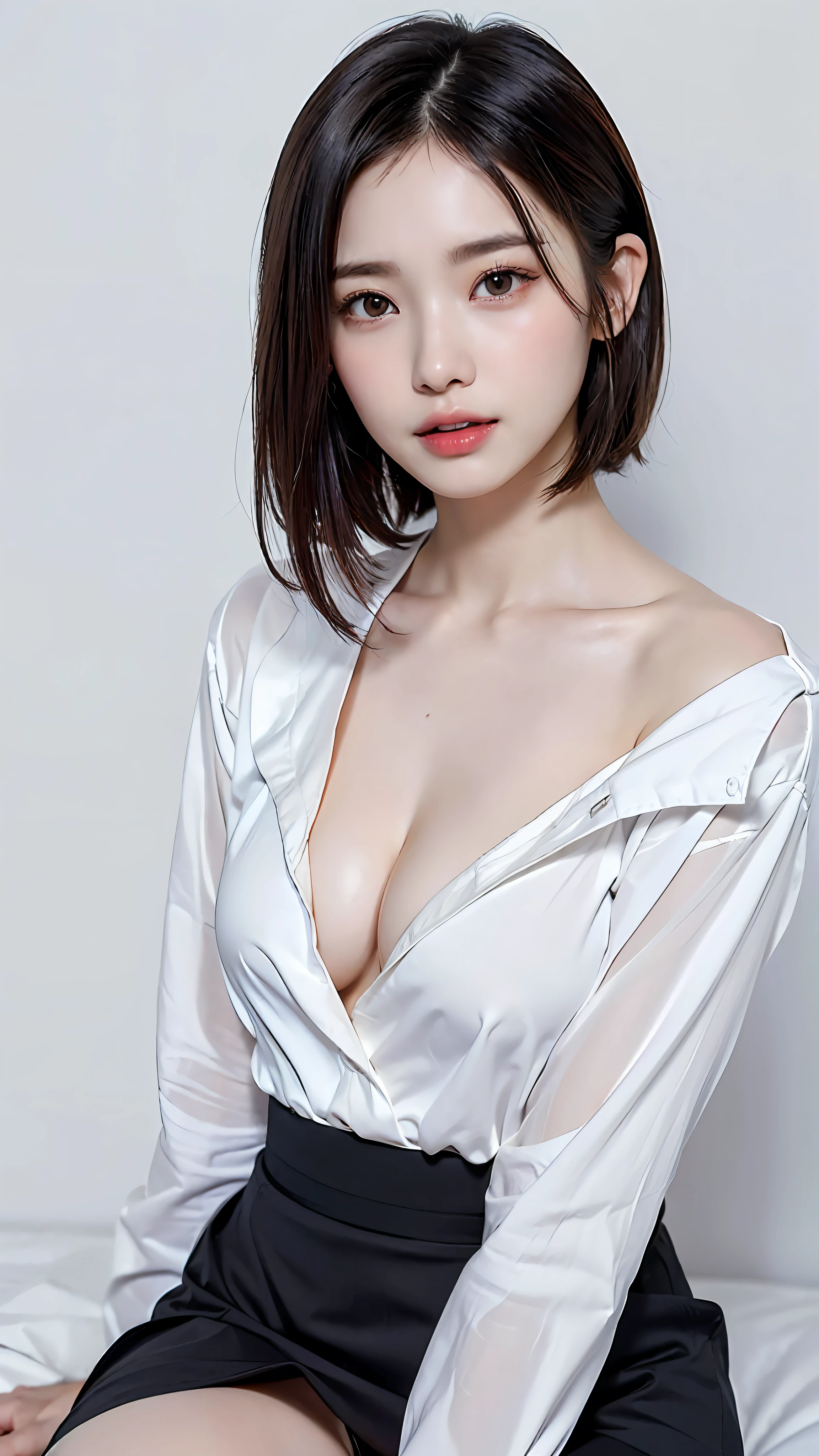 taking off shirt、Shoulder out、​masterpiece、top-quality、超A high resolution、High detailed portrait、(photographrealistic:1.4)、(((1girl in)))((1girl in、White fair skin、sitting on、Since a while ago、close up of face、age19、spotless、cute little、pretty black hair、Glossy black hair、Short_cut、shorth hair、Normal milk))(enticing、Office style suit、Shirt with wide open chest、The jacket is skinny.、no-bra、teats)(portrait of japanese famous actress)、(A smile、Happiness、Joy、jolly、closes mouth)、(Lift your chest with your arms)、High detailed eyes、((Really snow-white background、Nothing background))、((long neck、bangss、bangss、Clean face、Gaze staring at the camera、Lashes、big eye、Distinct double eyelids、glowy skin、Clean skin quality、lipgloss))、skinny thigh、(sexypose、Skirt twisted、cowboy  shot、thigh visible、Hide breasts with clothes)、low  angle shot