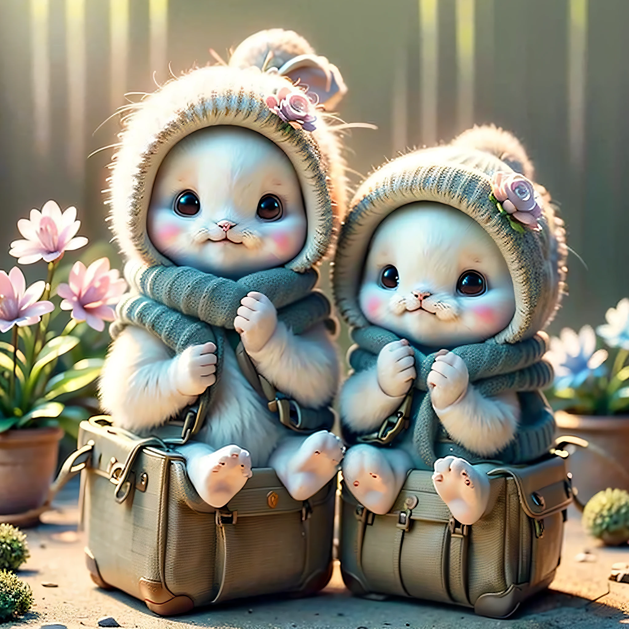 holding camera, tree_stump, flowers, adorable , fluffy, photorealistic, soft lighting,