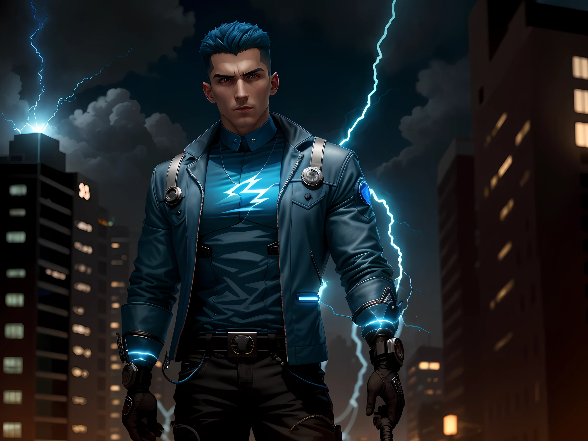 Raio Azul, an impulsive young hero with control over electricity, enfrenta um desafio eletrizante. careca e olhos azuis intensos, ele veste um traje azul e prateado, com detalhes reluzentes que lembram raios. A powerful gang of tech criminals threatens to paralyze the city with their high-voltage devices. The Blue Ray must use its ability to generate and control electricity to neutralize the threat, Thwarting the gang's plans and protecting citizens. No entanto, He will need to learn to control his impulsivity and use his skills wisely to meet this challenge.