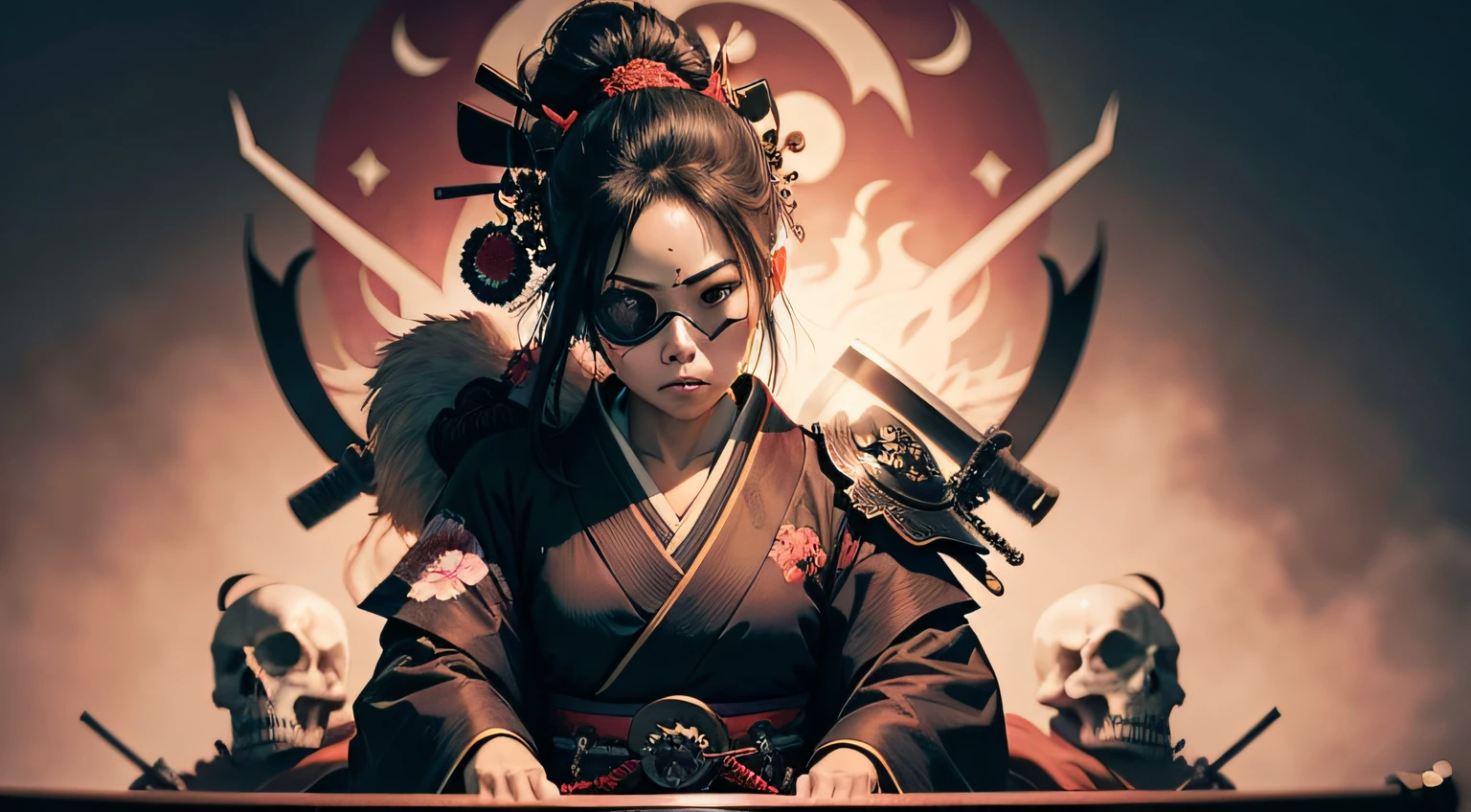 A samurai woman wearing an eye patch and kimono sitting on several skulls wielding a samurai sword