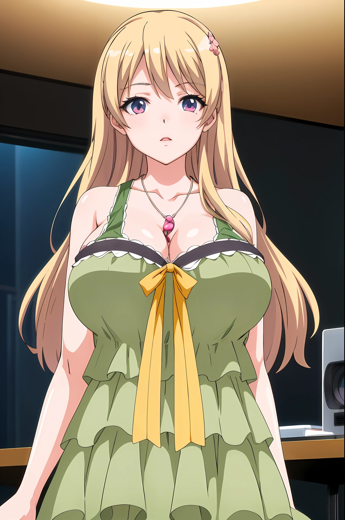 Chica anime con vestido verde con lazo amarillo y collar, seductora chica de anime, pechos grandes!, OPPAI, Mejor chica del anime, pechos grandes!!, Estilo anime ecchi, con unos pechos grandes, Chica de anime llamada Lucy, Lindo anime waifu en un bonito vestido, Atractiva chica de anime, Fotograma de anime de TV, Personaje femenino de anime, Diosa del anime, Hermoso y atractivo anime adolescente