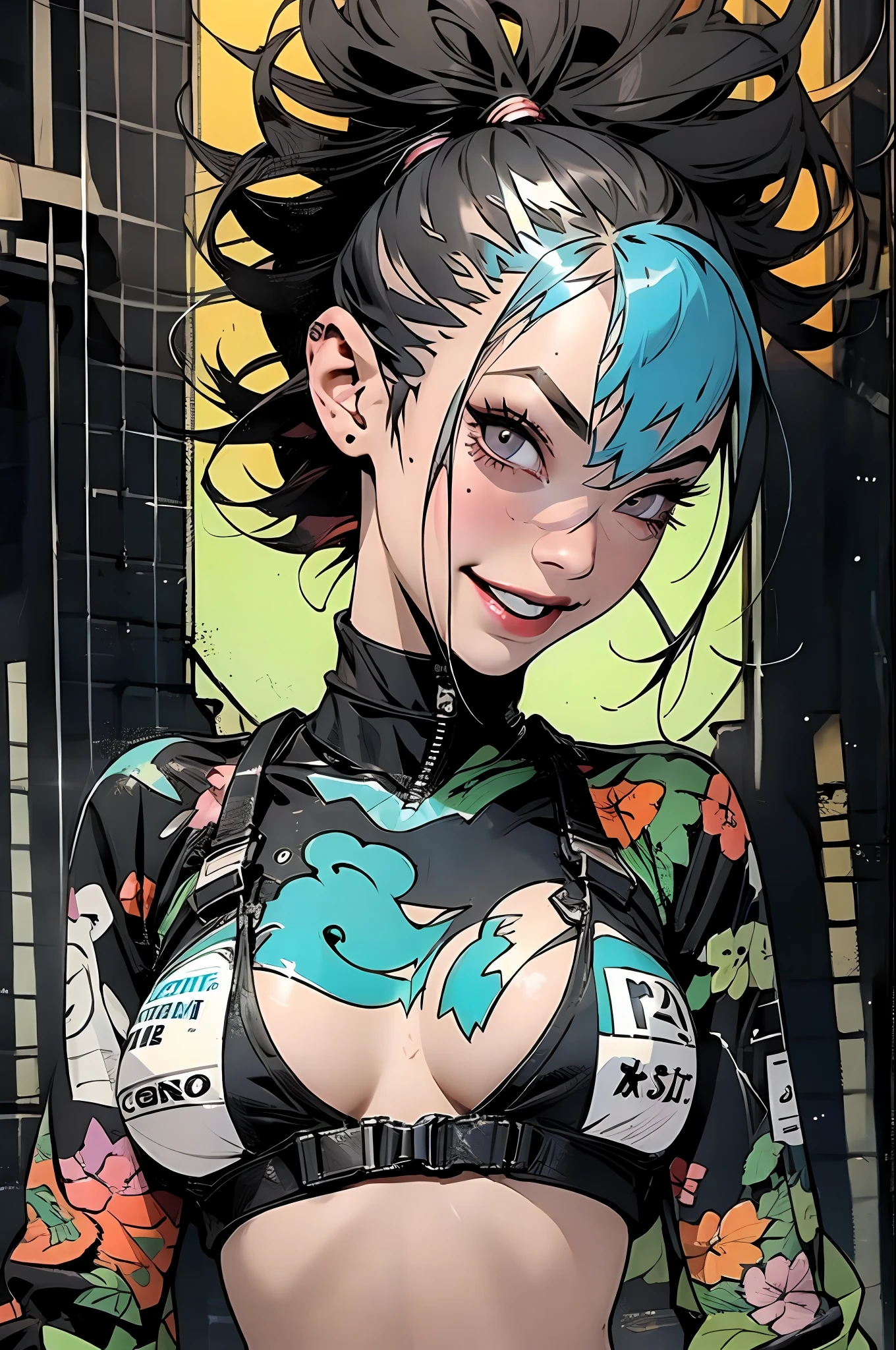 ((( corpo inteiro ))), master part, best quality, super detalhe, 8k, mulher linda, Tank Girl com cara de maluca, sorriso malicioso , roupa techno, (((corpo inteiro))), cabelo moicano colorido, garota punk, post-apocalyptic world, (( do tanque )), Nijistyle, roupas rasgadas e sujas, moicano curto, sides of shaved head, rosto limpo, corpo inteiro, underboob