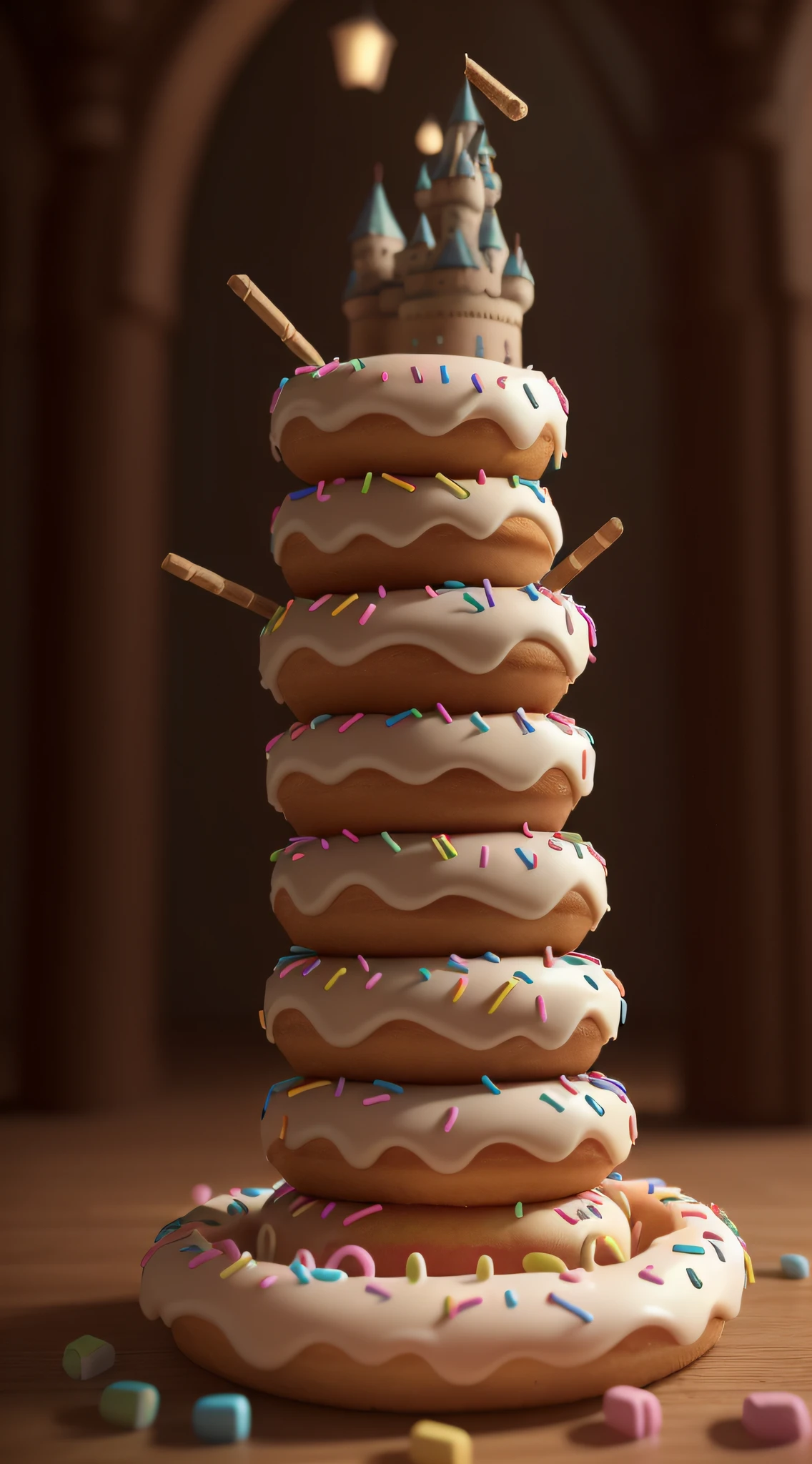 (f/2.4:1.2) (cute:1.3) (joyful:1.2) (a funny crooked castle 🏰 made with donuts:1.3) (candy sticks:1.2) (leaning:1.2) (sweet) (masterpiece) (dynamic lighting) (phone wallpaper) (ultra high detaild) (Octane:1.3) (C4D:1.2)