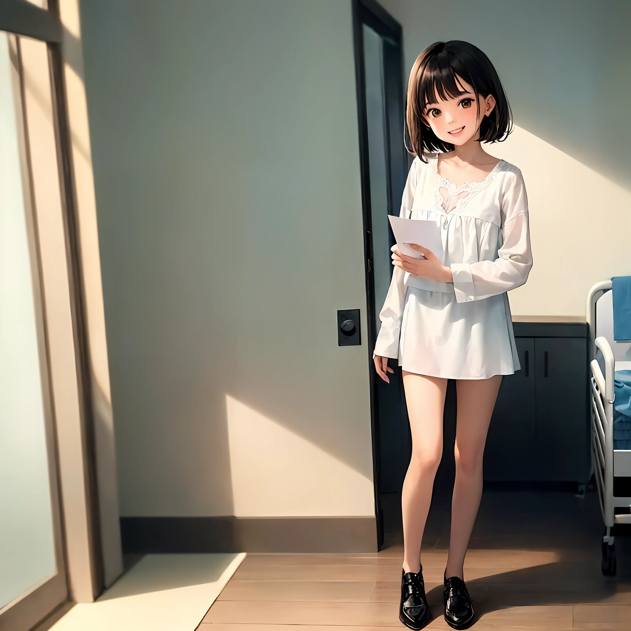 1girll, (Masterpiece:1.1), (Best quality:1.1), (White blouse:1.1),Holding a blank piece of paper in his hand，In the hospital，With a smile，Full body photo