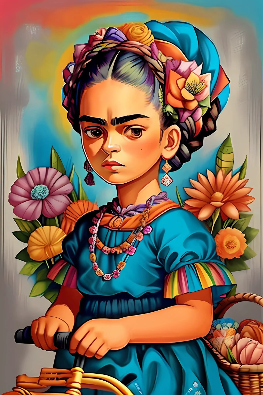 (Uma linda garota feliz andando em uma linda bicicleta com uma cesta repleta de flores coloridas ,seu vestido muito colorido repleto de flores)) - Criador: (Frida Kahlo 2023) ), Frida Kahlo aquilchoamento ,multidimensional geometric wall PORTRAIT, arte, Chibi,
Yang08k, lindo, Colouring,
Primary works, qualidade superior, melhor qualidade, Arte Oficial, Beautiful and Aesthetic,)) ), ,,  Estofamento Frida Kahlo ,multidimensional geometric wall PORTRAIT, arte, Chibi,
Yang08k, lindo, (Colouring,predominante), laranja , portanto , ,vermelho e branco)
Primary works, qualidade superior, melhor qualidade, Arte Oficial, Beautiful and Aesthetic,