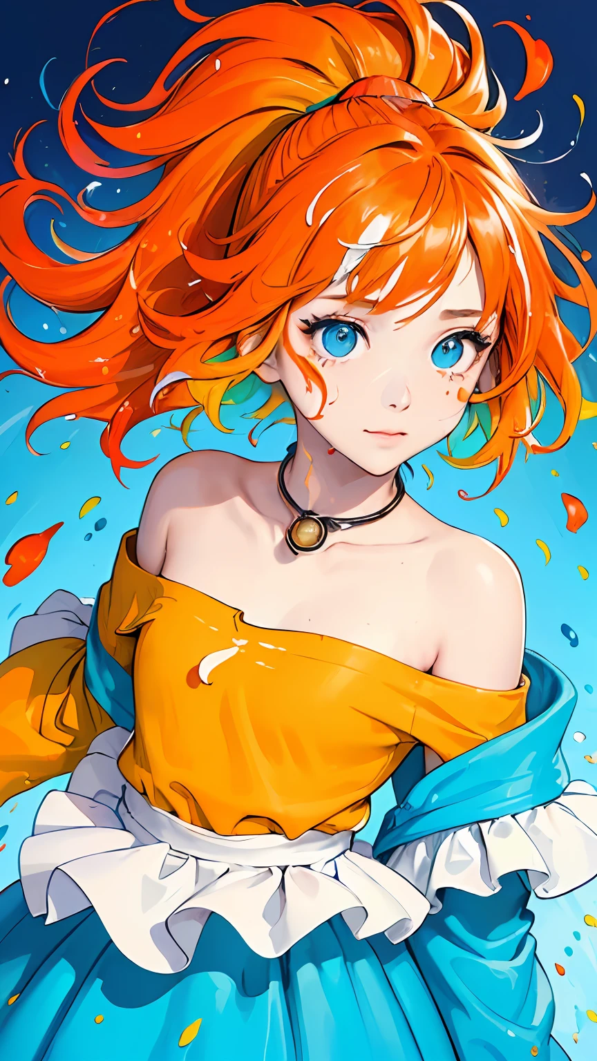 (Red Fashion T-shirt:1.9),(orange hair: 1.8), (all the colours of the rainbow: 1.8),(((((vertical painting:1.6))), (painting:1.6),front, comics, illustrations, paintings, large eyes, crystal clear eyes,( rainbow color gradient high ponytail:1.7), exquisite makeup, closed mouth,(Small Fresh: 1.5),(Wipe Chest: 1.6) ,long eyelashes, orange off shoulder T-shirt, orsnge Shoulder Shirt,looking at the audience, large watery eyes, (rainbow colored hair:1.6), color splash, (solo:1.8), color splash, color explosion, thick paint style, messy lines, ((shining)),(colorful), (colorful), (colorful), colorful, Thick Paint Style, (Splash) (Color Splash), Vertical Painting, Upper Body, Paint Splash, Acrylic Pigment, Gradient, Paint, Highest Image Quality, Highest Quality, Masterpiece, Solo, Depth of Field, Face Paint, colorful clothes, (Elegant: 1.2), gorgeous,long hair, wind, (Elegant: 1.3), (Petals: 1.4),(((masterpiece))),(((best quality))),((ultra-detailed)),(illustration),(dynamic angle),((floating)),(paint),((disheveled hair)),(solo),(1girl) , (((detailed anima face))),((beautiful detailed face)),collar,bare shoulders,orange hair, ((orange hair)),((streaked hair)),beautiful detailed eyes,(Gradient color eyes),(((colorful eyes))),(((colorful background))),(((high saturation))),(((surrounded by colorful splashes))),