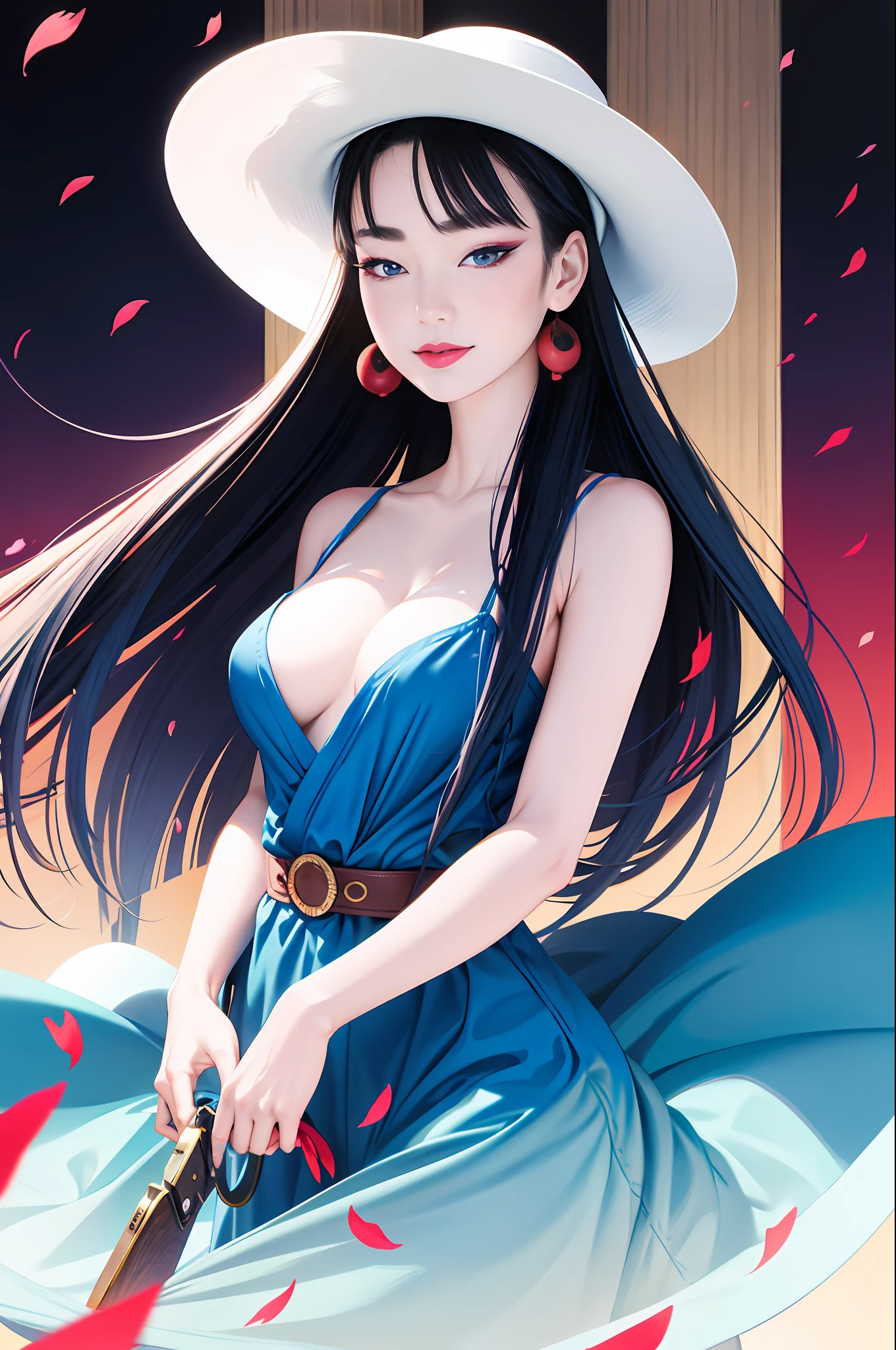 tsuruta ichiro, Narrow-eyed, 1girl in, Solo, Cowgirl, hat, red headwear、jeans, a revolver, Sunglasses, ((mideum breasts)), Smile, (Super long hair:1.2), Thin slit eyes、blue grey eyes, Random colored hair, gloves, Dress, Bare shoulders, Jewelry, Upper body, earrings, sharp eye、Red Globe, elbow groves, Hand up, random color, random color dress, From Side, makeup, Slender eyes、lip stick, sakura petals pattern, Rim Light, Back Light, pastel color,