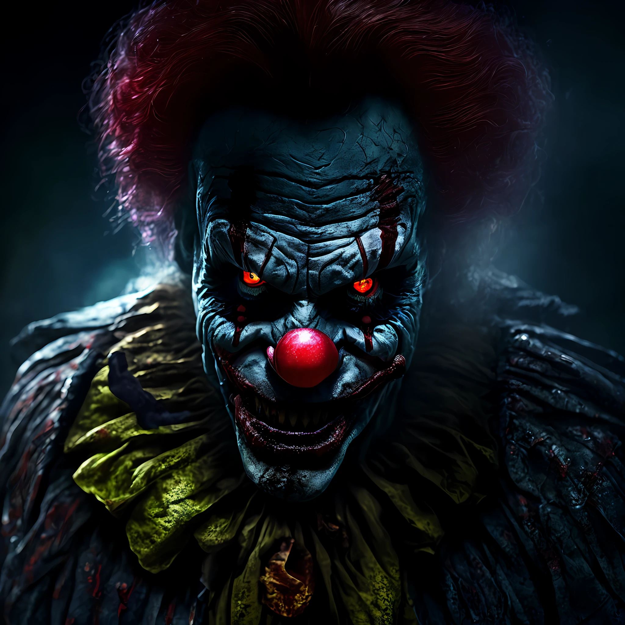 horror, scary clown, sorrindo assustador, mal, sangue, escuro, cinemactic, retrato, meio rosto, ultra hd, terrorista, clown zombie