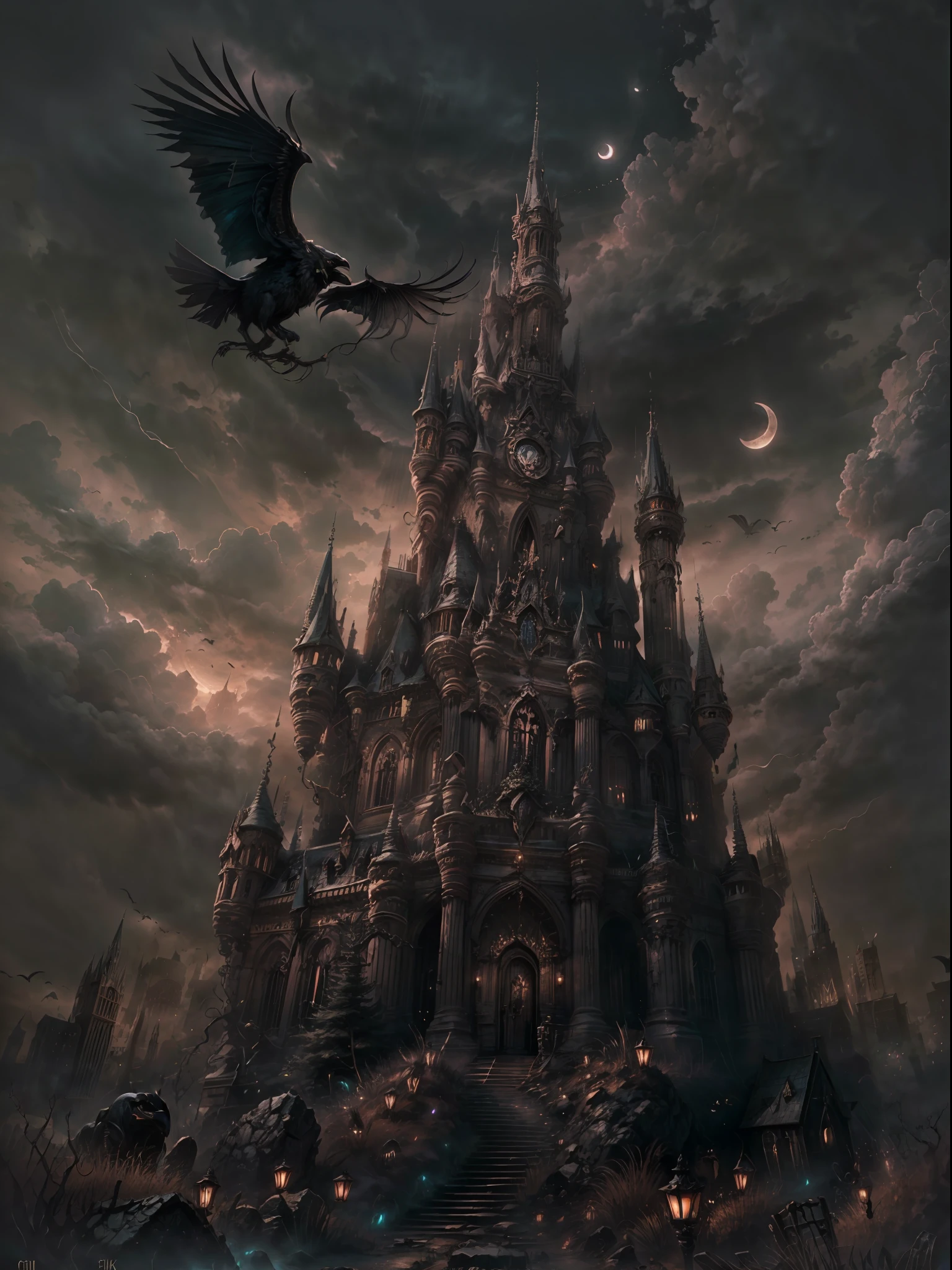 (Big Dark age castle, gothic style), dark night, crescent moon, dark theme, ravens, Gotham city castle,BREAK,Detailed,Realistic,4k highly detailed digital art,octane render, bioluminescent, BREAK 8K resolution concept art, realism,by Mappa studios,masterpiece,best quality,official art,illustration,ligne claire,(dark_color),perfect composition,absurdres, fantasy,focused,rule of third