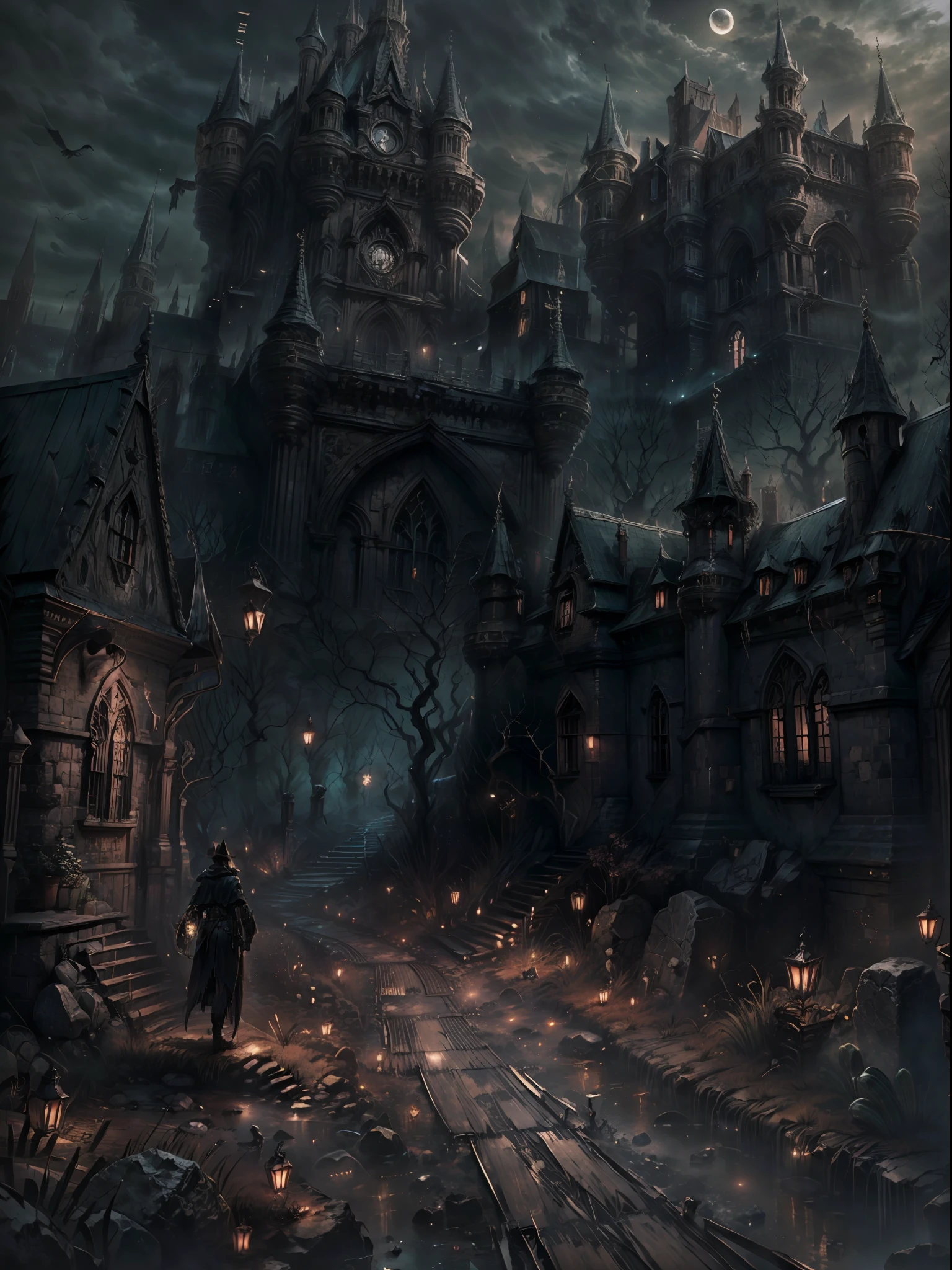 (Big Dark age castle, gothic style), dark night, crescent moon, dark theme, ravens, Gotham city castle,BREAK,Detailed,Realistic,4k highly detailed digital art,octane render, bioluminescent, BREAK 8K resolution concept art, realism,by Mappa studios,masterpiece,best quality,official art,illustration,ligne claire,(dark_color),perfect composition,absurdres, fantasy,focused,rule of third