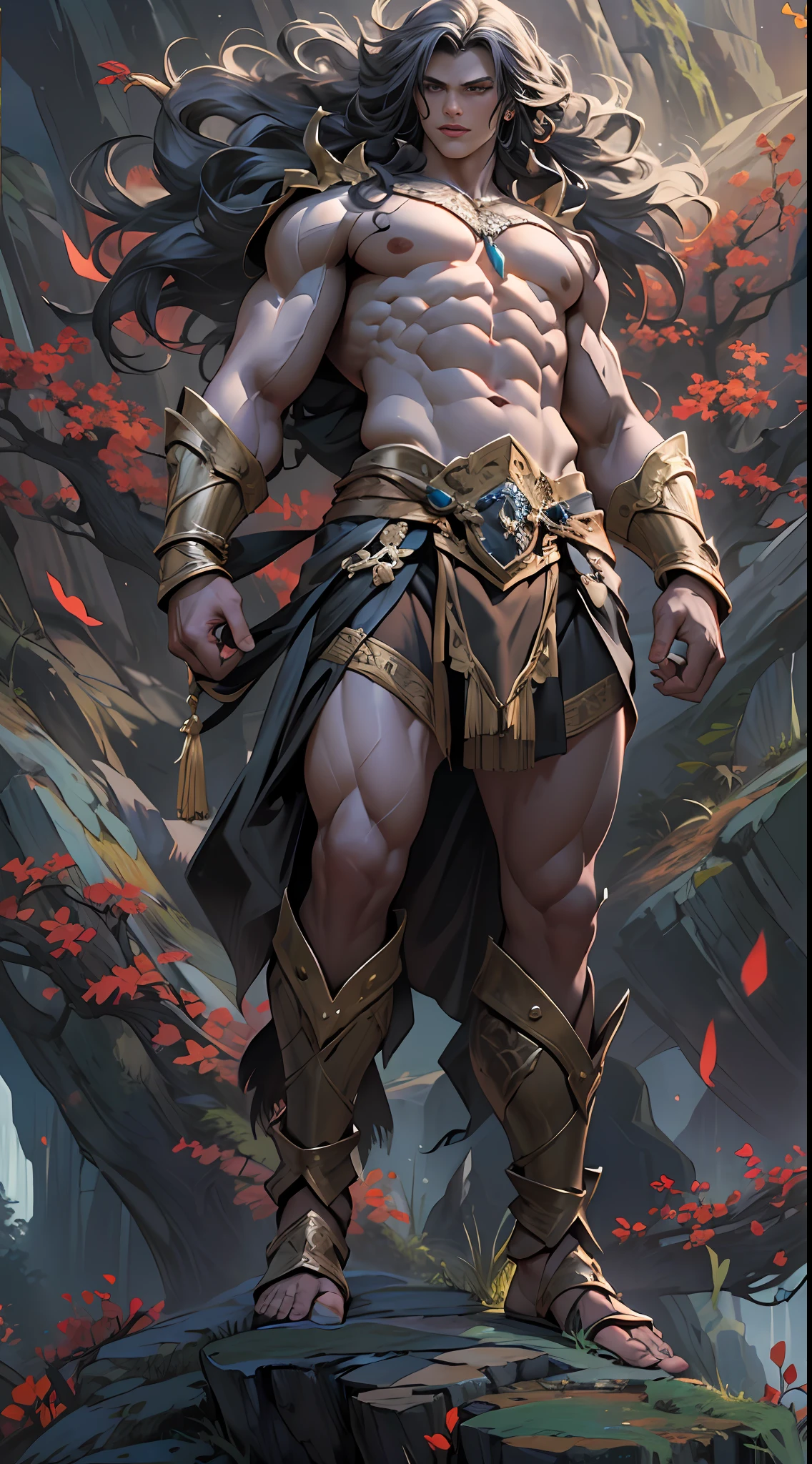 Powerful warrior, upper torso unveiled, lower body uncovered from thighs to feet, cascading long curls, meticulous muscle definition, lifelike depiction, 4K resolution. Background: Mythical fantasy landscape.,32k uhd, best quality, masterpiece, super detail, high details