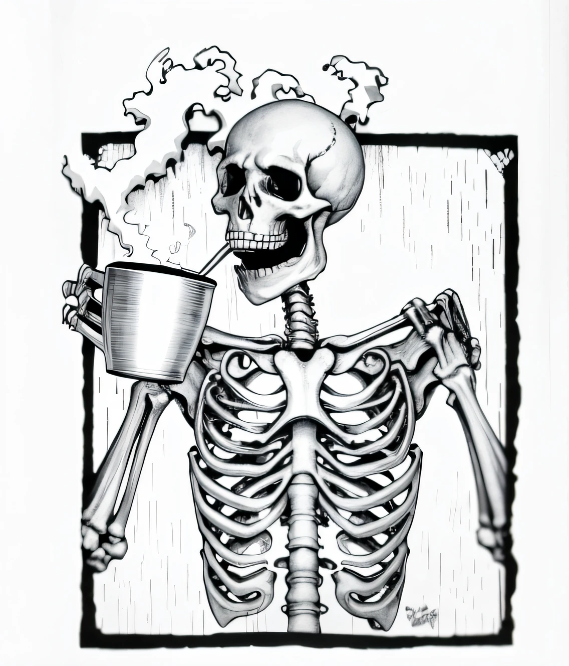Skeleton with a cup of coffee and a spoon, The Cup of Death, Zombie drinking coffee sign, zombie not enjoying coffee, a skeleton smoking a cigar, zombie holding coffee cup, skelleton, Zombie coffee logo, Skeleton, Illustration of Macbeth, Succulent skeleton, skeleton corpse, author：Muirhead was born, Drink plenty of coffee, ( ( ( Skeleton ) ) )，Vintage illustration，Retro，Graphic illustration，planar