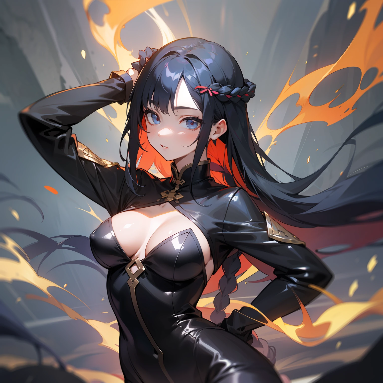 She is slender and flexible，Proud looks，Wearing black tight-fitting clothing，There is a hint of mystery shining。Her long black hair was deliberately braided into a flaming braid，It adds a bit of wildness and bravery to her。