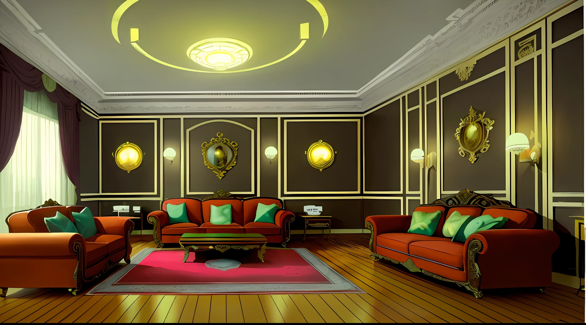There is a drawing of a living room with a sofa and chairs, interior background art, background art deco palace, arte de fundo, background artwork, personal room background, style of madhouse studio anime, lounge background, room interior, set in bank vault room, art nouveau environment, random background scene, Fundo sala de estar, luxurious environment, room of a dark mansion