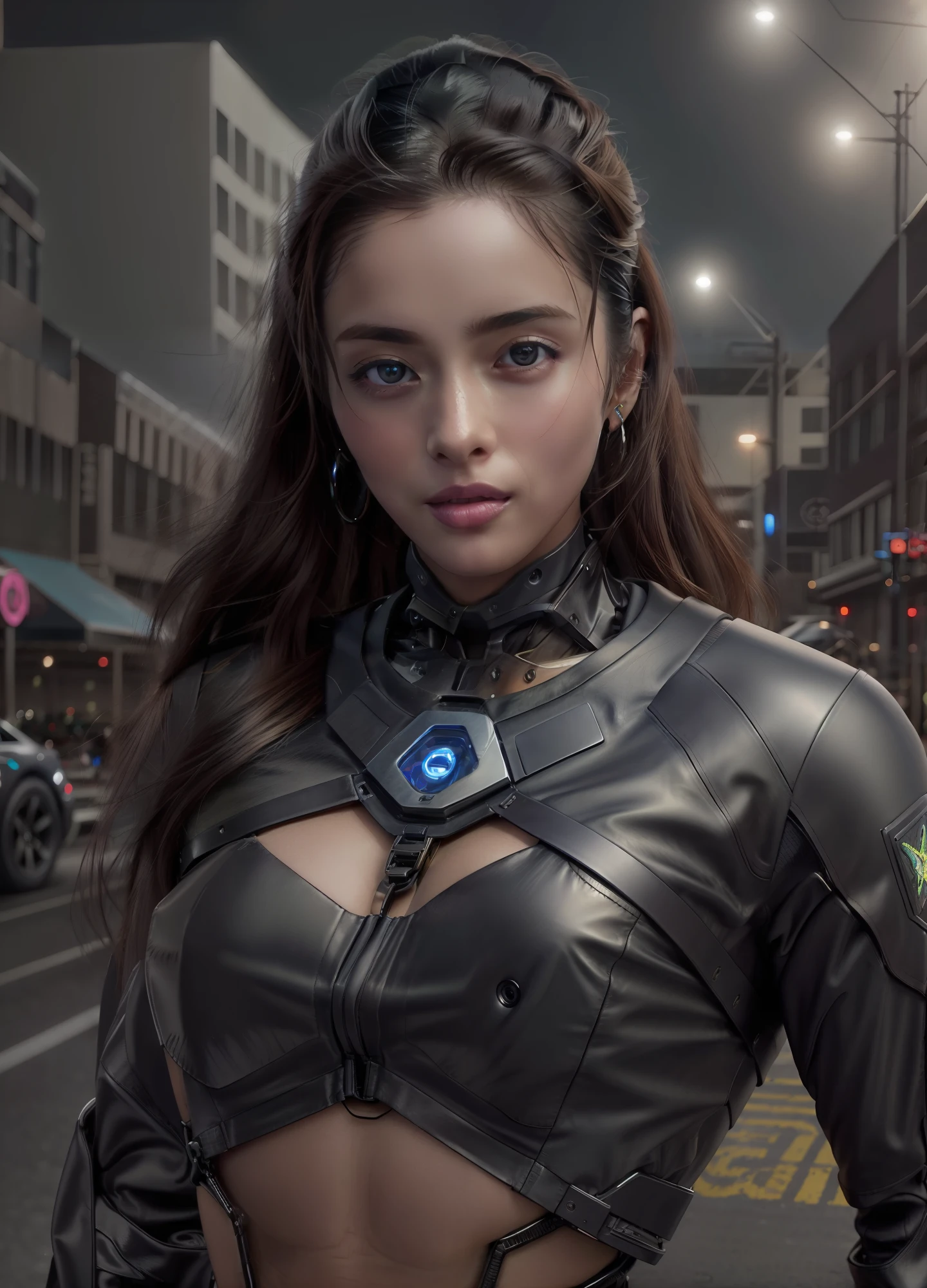 close-up Retrato de megfo como uma bela modelo feminina, Megan Raposa, rosto bonito, decote, com cabelo castanho escuro curto, In the Cyberpunk City at Night. She's wearing a leather jacket, jeans preto, lighting dramatic, (police badge: 1.2) Neon light, letreiros, Carros, heaven, HDR,4k, ray tracing, obra-prima, partes cyborg, android, cabelo neon,