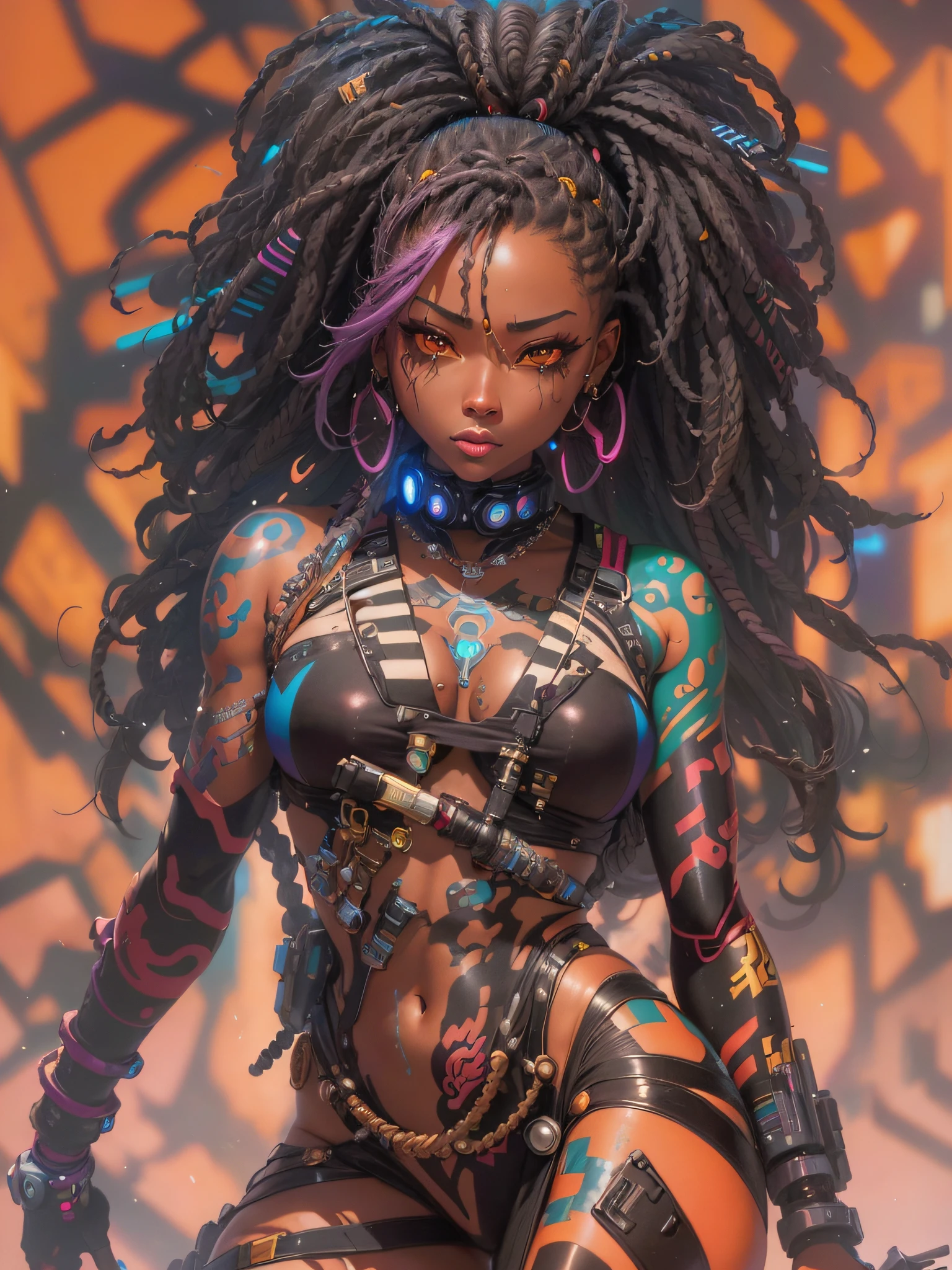 a close up of a woman with dread hair and tattoos, rossdraws | afrofuturism, digital cyberpunk anime art, cyberpunk art style, artwork in the style of guweiz, anime cyberpunk art, female cyberpunk anime girl, cyberpunk beautiful girl, cyberpunk anime girl, rossdraws cartoon vibrant, cyberpunk angry gorgeous goddess, digital cyberpunk - anime art