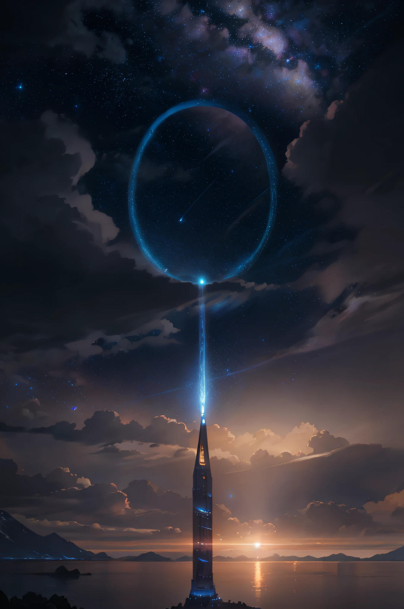 Starry Sky with Mountains and Lake, Jessica Rossier, Inspired by Jessica Rossier, Jessica Rossier Fantasy Art, Concept Art Magic Highlights, Official Artwork, Dream Painting, Ethereal Realm, Atmospheric artwork, dreamy matte paintings, serene endless stars inspired by Ted Nasmith, moonlit starry environments, epic music album covers.