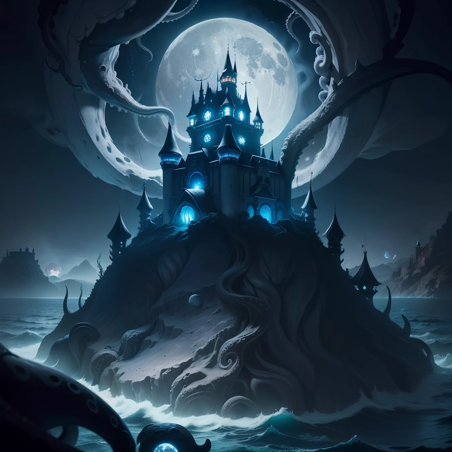 (tmasterpiece、Need、ultra-delicate、A high resolution),Twisted Dark Castle,sea surface,(There are tentacles in the sea:1.5),the night,no light,(Very large moon:1.5),rays of moonlight,Surrounded by the Dark Castle,(Positive perspective,Look at the lens from top to bottom)