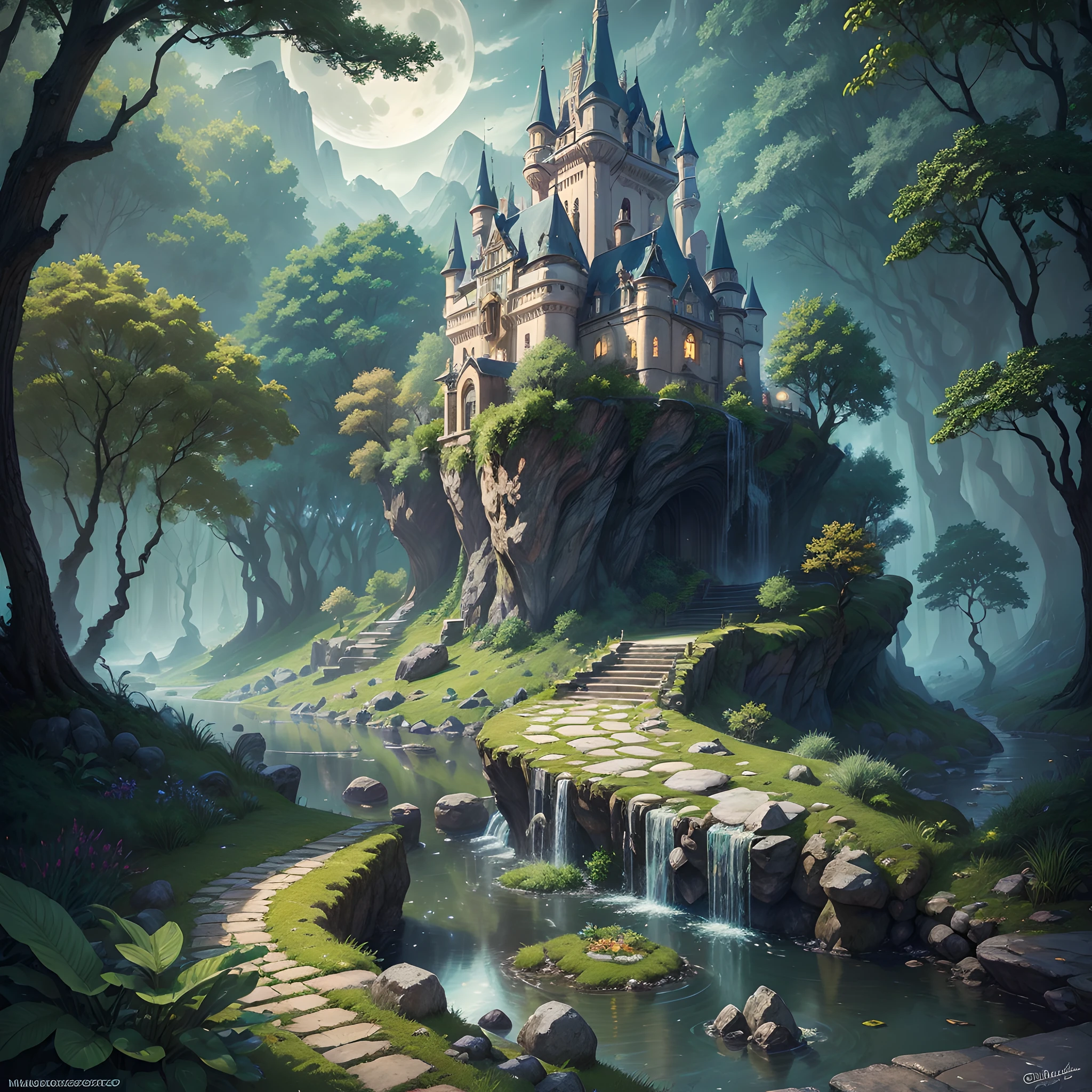 (((Masterpiece)))), High quality, Ultra-detailed, Disney style, full moon, Lush forest, Green trees, a small stream, exotic beings, stone path with small plants and branches, a castle high on the mountain, silver moonlight, vibrant texture, a magical tone and an 8k resolution.