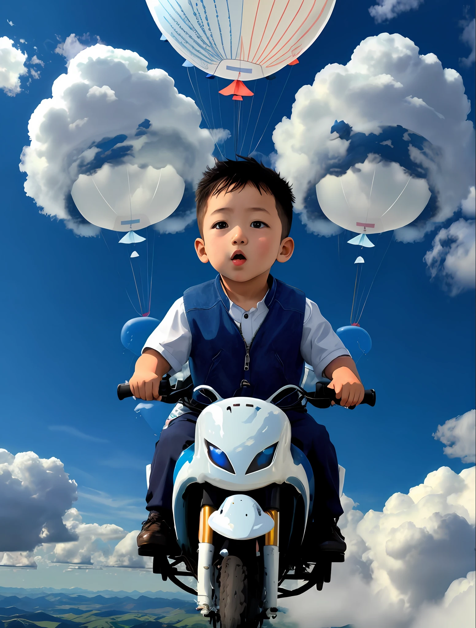 A , riding a whale, flying in the clouds, balloons, blue sky and white clouds, looking at the camera