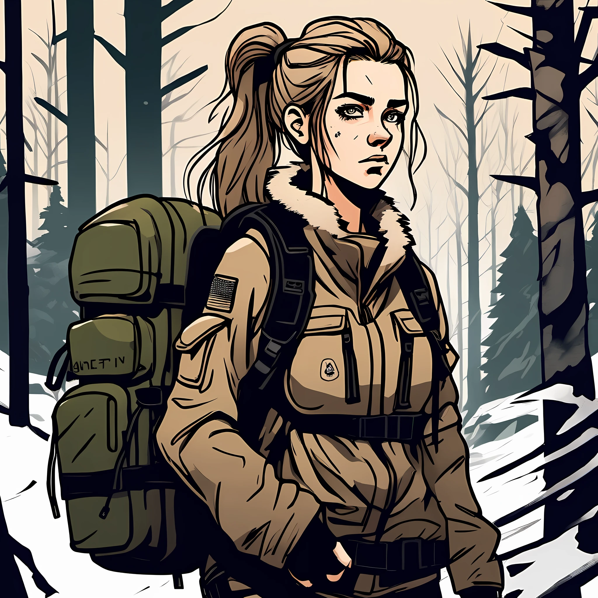 Hay una mujer con una mochila caminando por el bosque, Retrato de una mujer guardabosques, Lady forest hunter, Ellie (The Last of Us), Infantry girl, Cazador solo en el desierto, Personaje principal femenino, Ellie de The Last of Us, Personaje femenino en solitario, Exploradora Femenina Mini Chica Linda, Post-apocalyptic explorer, Arte conceptual de invierno, comic drawing style, Llevar equipo de supervivencia