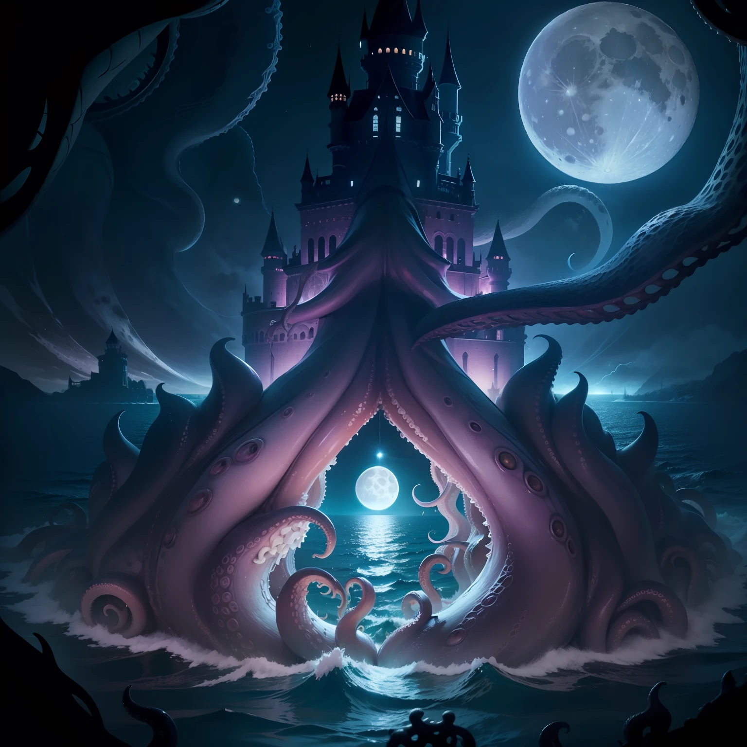 （tmasterpiece、Need、ultra-delicate、A high resolution），Twisted Dark Castle，sea surface，(There are tentacles in the sea:1.5)，the night，no light，(Very large moon:1.5)，rays of moonlight，Surrounded by the Dark Castle，（Positive perspective，Look at the lens from top to bottom）