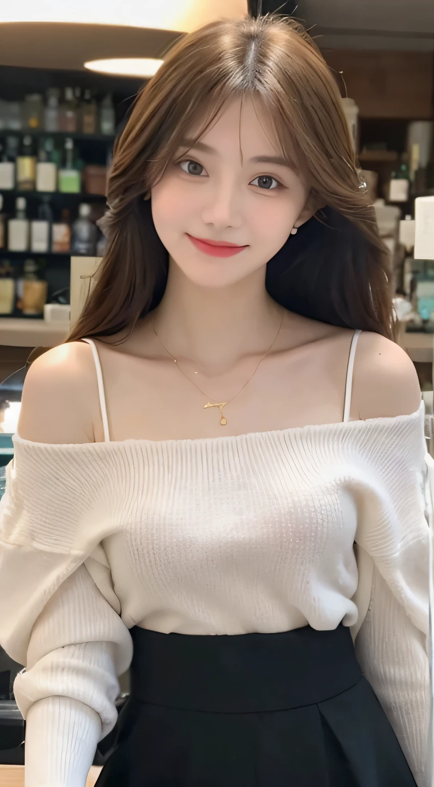 A superb exquisite real beautiful girl, golden long curly hair, extremely exquisite facial features, peerless beautiful girl, collarbone off-the-shoulder, white crop top shirt, black JK skirt, exposed legs, sweet smile, soft, dreamy quality, light white and dark brown, exaggerated facial features, solid color, frank off-white, surreal, blue gemstone necklace, ultra-clear, beautiful young girl, cute and lively, super short leggings, background at the bar counter