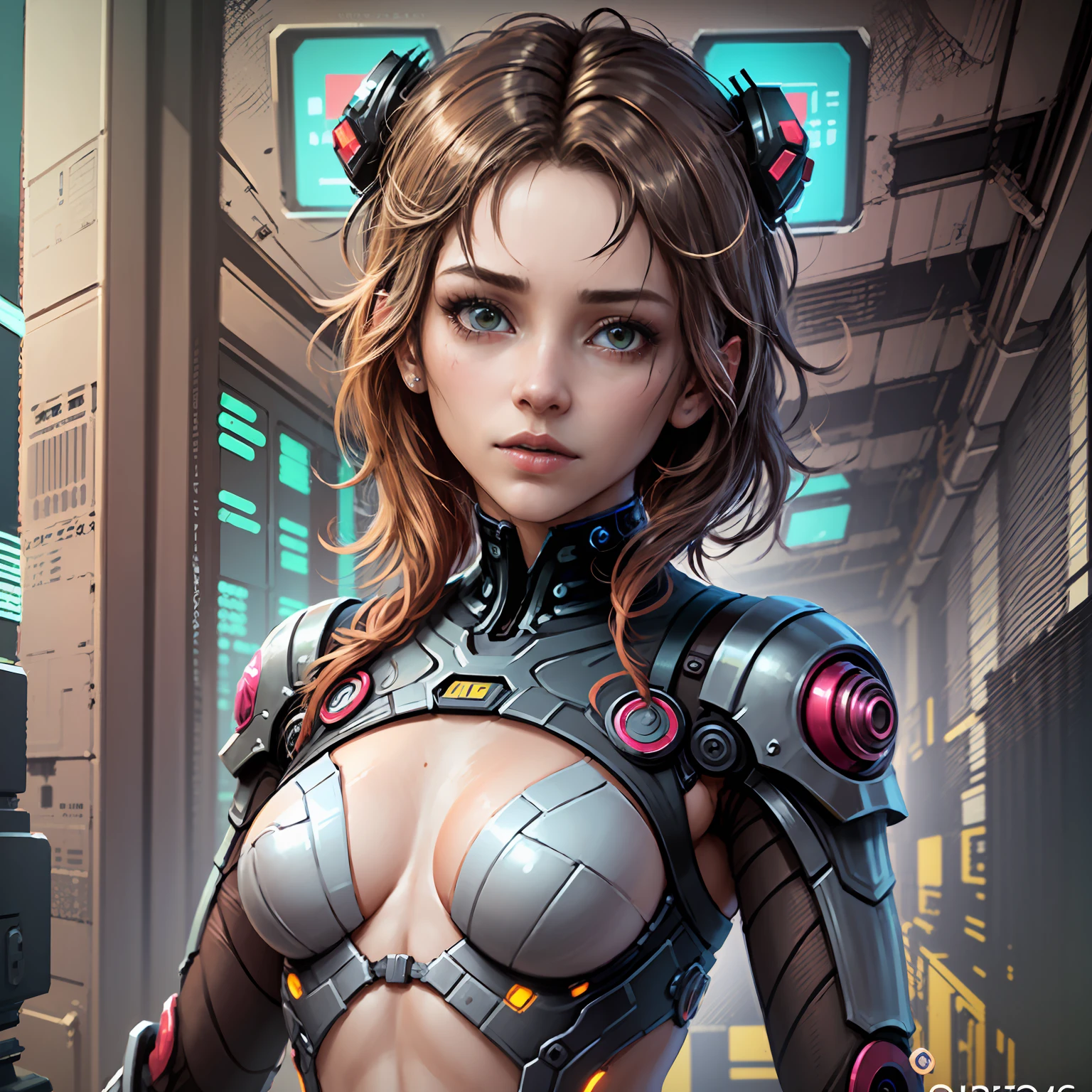 La mejor calidad, obra maestra, ultra realista, ultra alta resolucion, ((cuerpo completo)), (cyberpunk), 1girl, pelirroja, biomechanics, robot complejo, hiperrealista, insane small details, Extremely clean lines.