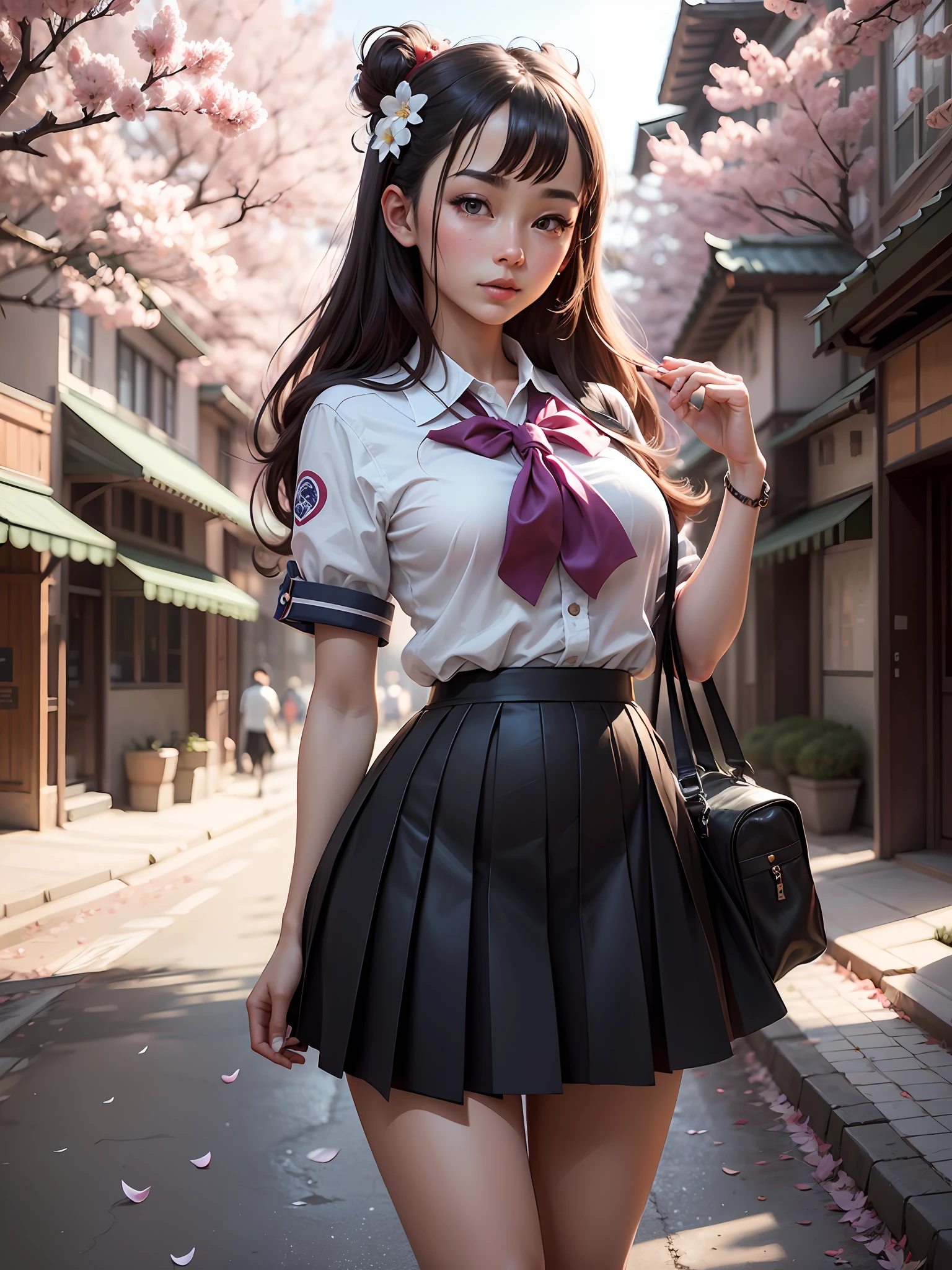 (A pretty anime school girl in japanese school outfit is standing under the cherry blossom outside of the school),blown hair and eyes,vibrant coloured cherryflakes in the air,front view,wide shot,far shot,full body shot,exotic coloured environment,highly resolution,highly quality,UHD,HDR,ultra detailed figure,nice eyes,nice hands,nice legs,nice face,cinematic lighting,dramatic lighting,delicated colours,symmetrical,crisp quality,intricate pattern of outfit and figure,unreal engine,trending,on artstation,UHD,HDR,highly stylized figure,sharpness,octane render,magic realism,realistic colours,intricacy of the design,modular constructivism,(perfect illustration art by Ray Caesar), --auto --s2