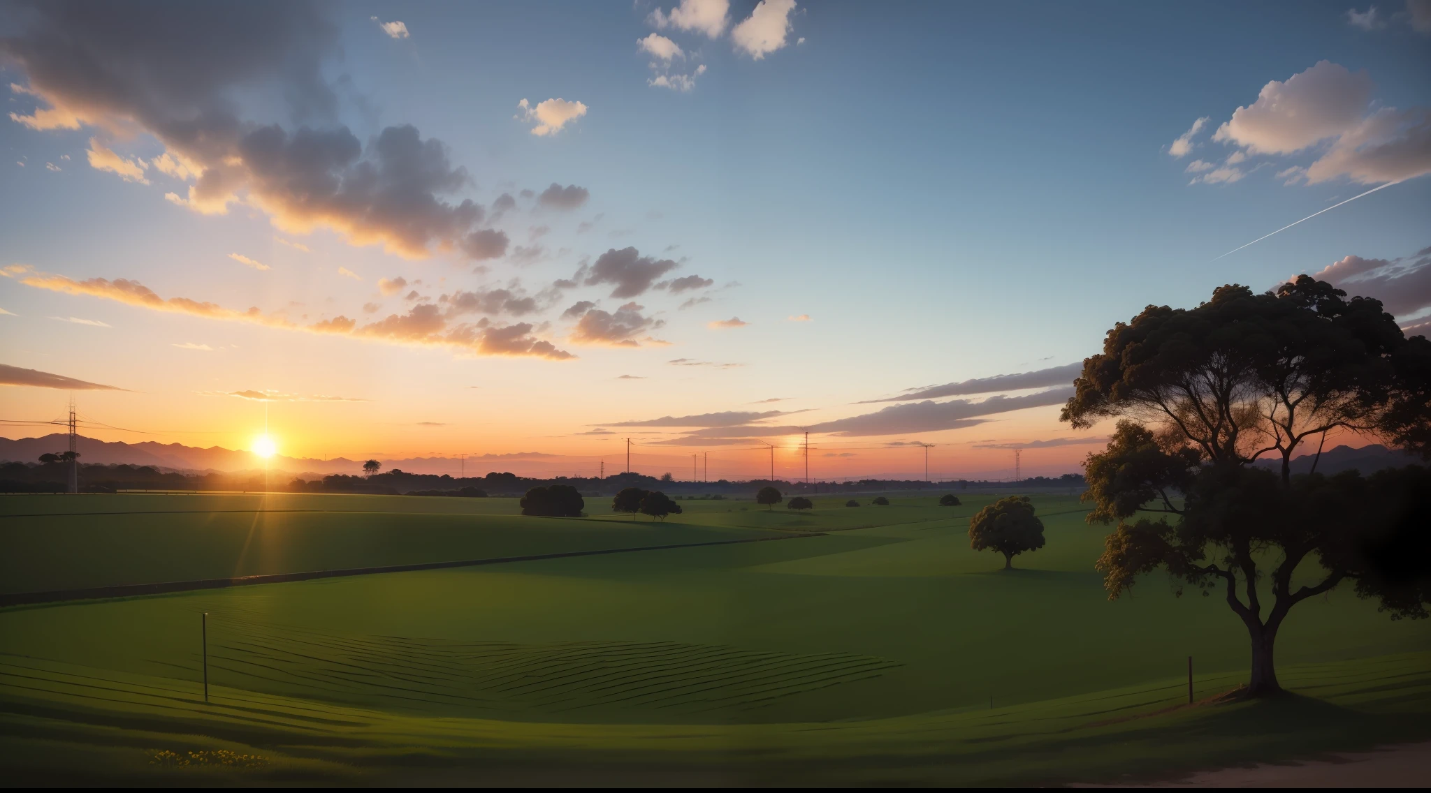 campo com trigo, o sol se pondo ao fundo, luvens lindas e detalhadas