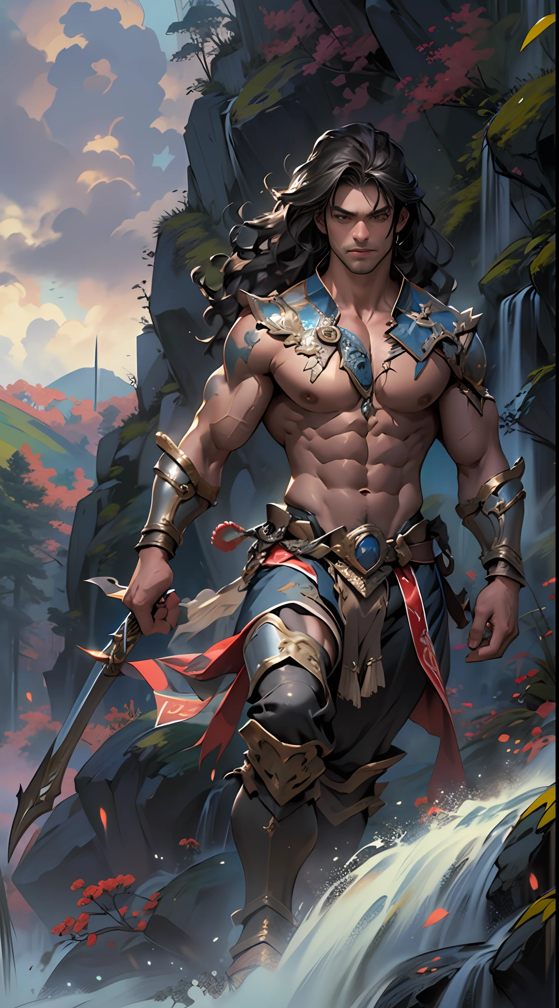 Powerful warrior, upper torso unveiled, lower body uncovered from thighs to feet, cascading long curls, meticulous muscle definition, lifelike depiction, 4K resolution. Background: Mythical fantasy landscape.,32k uhd, best quality, masterpiece, super detail, high details