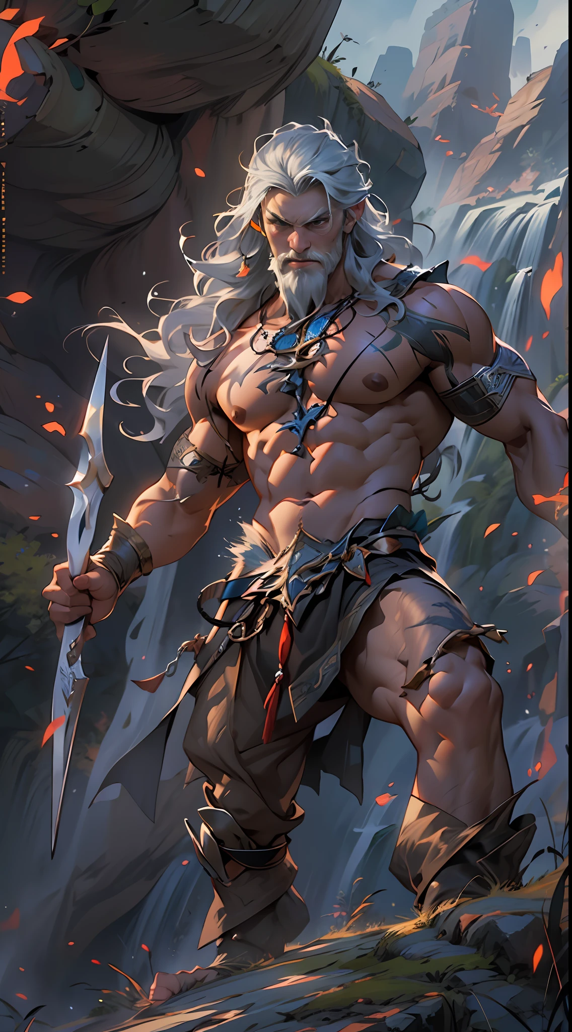 Powerful warrior, upper torso unveiled, lower body uncovered from thighs to feet, cascading long curls, meticulous muscle definition, lifelike depiction, 4K resolution. Background: Mythical fantasy landscape.,32k uhd, best quality, masterpiece, super detail, high details