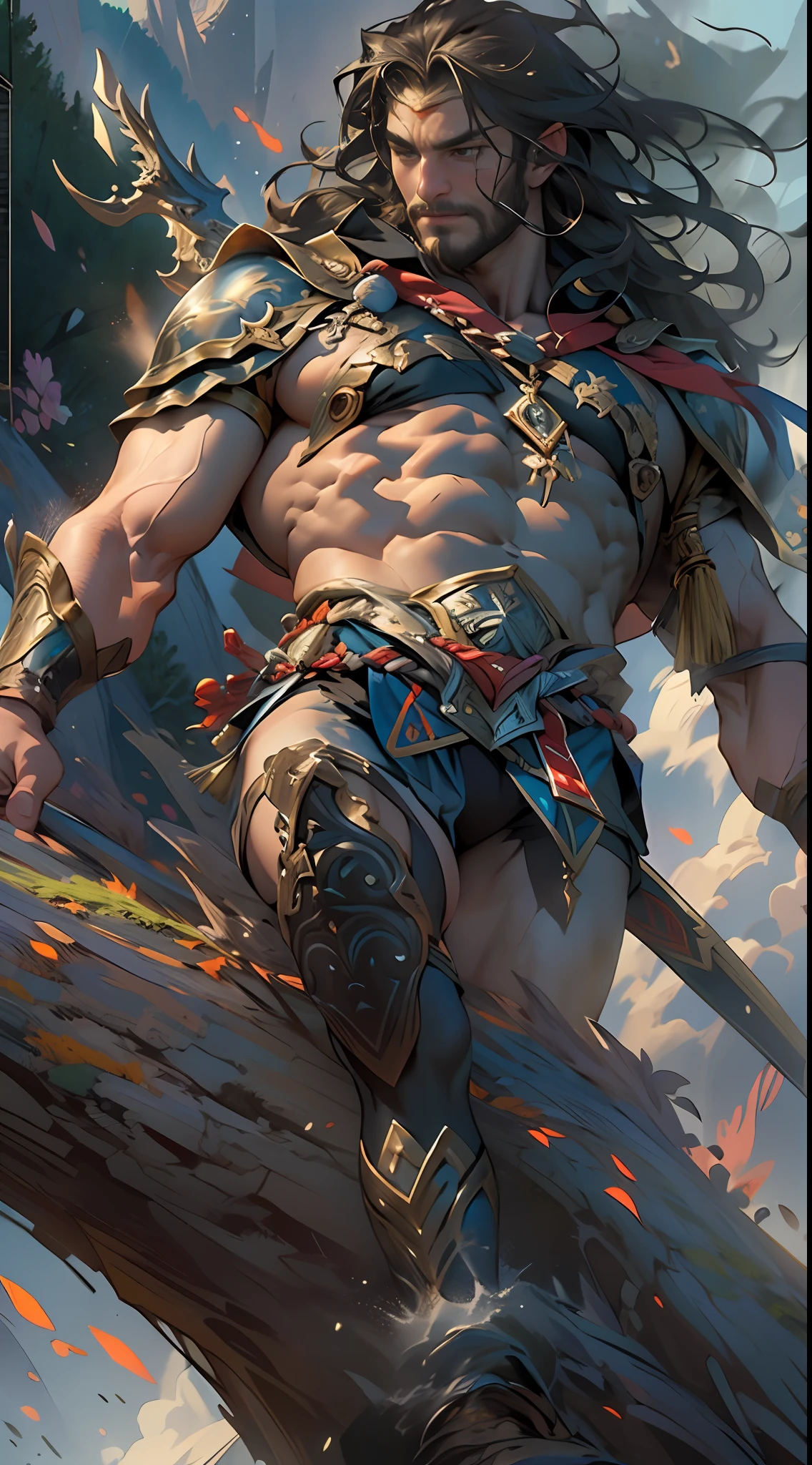 Powerful warrior, upper torso unveiled, lower body uncovered from thighs to feet, cascading long curls, meticulous muscle definition, lifelike depiction, 4K resolution. Background: Mythical fantasy landscape.,32k uhd, best quality, masterpiece, super detail, high details
