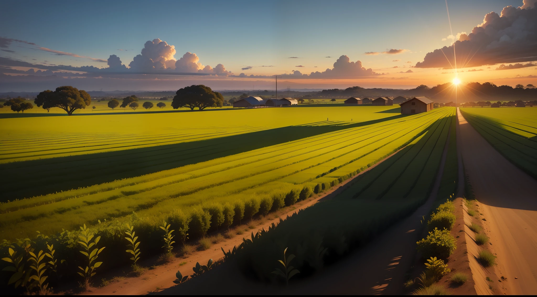 campo com trigo, o sol se pondo ao fundo, nuvenslindas e detalhadas
