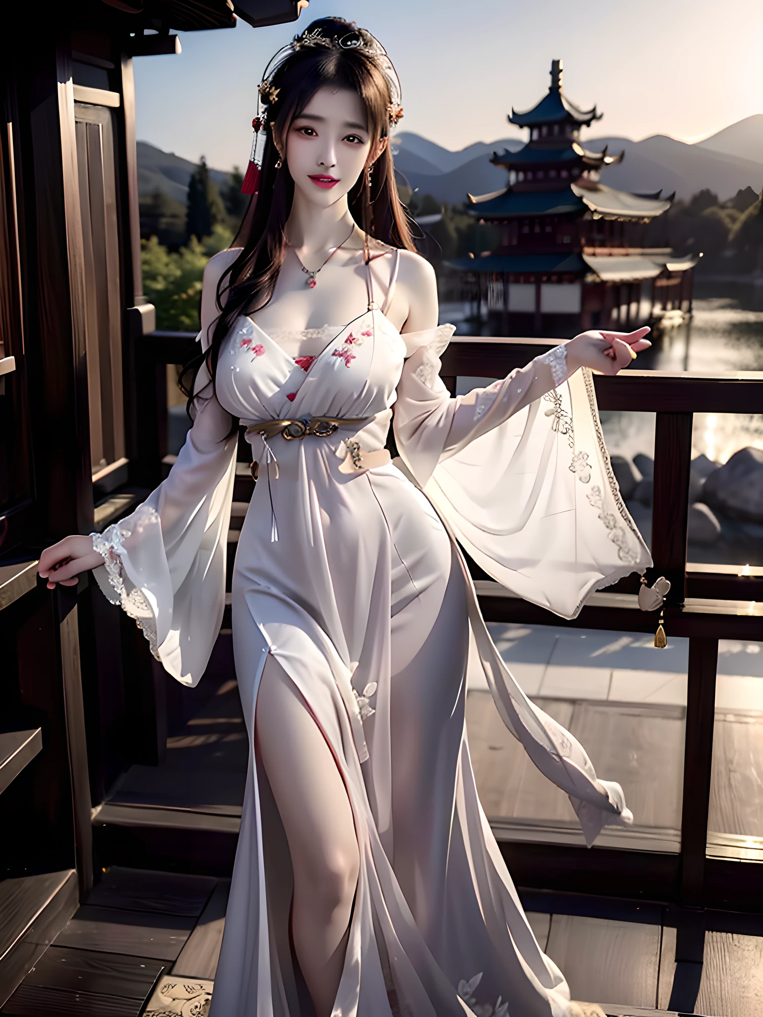 fanbingbing/Raised sexy/Redshift style full body shootingDigital paintingHigh resolution HDR Unreal Engine Ultra Detailed Sharp Focus Trend Art Station Yasut Oka Giovannari Carlo Audrey Kawasaki Josephine Wall Thomas King/masterwork、best qualityer、offcial art、Extremely detailed CG unified 8k wallpaper/Can see the whole body/aged 40/Raised sexy/Crimson lips/耳Nipple Ring/二重まぶた/Little beasts/In the realm of a Chinese ink style,A mature and sexy fairy Biluo stands out for her charming appearance。She wears a white silk robe with a high-waisted design,Attractive shoulders are exposed,Emphasis on slender waist。Herob's snow dress moves gracefully with every step,It's like dancing with the wind。The transparent elements on her chest and sleeves add a touch of mystery,And delicate floral embroidery、Clouds and landscape motifs adorn the robes,Symbolizes her gentle nature and otherworldly aura。To complete her look,Biro wore a gem-encrusted necklace、耳Nipple Ring、Delicate gold accessories such as bracelets,Highlights her noble temperament,Adds a sexy charm to her overall look。