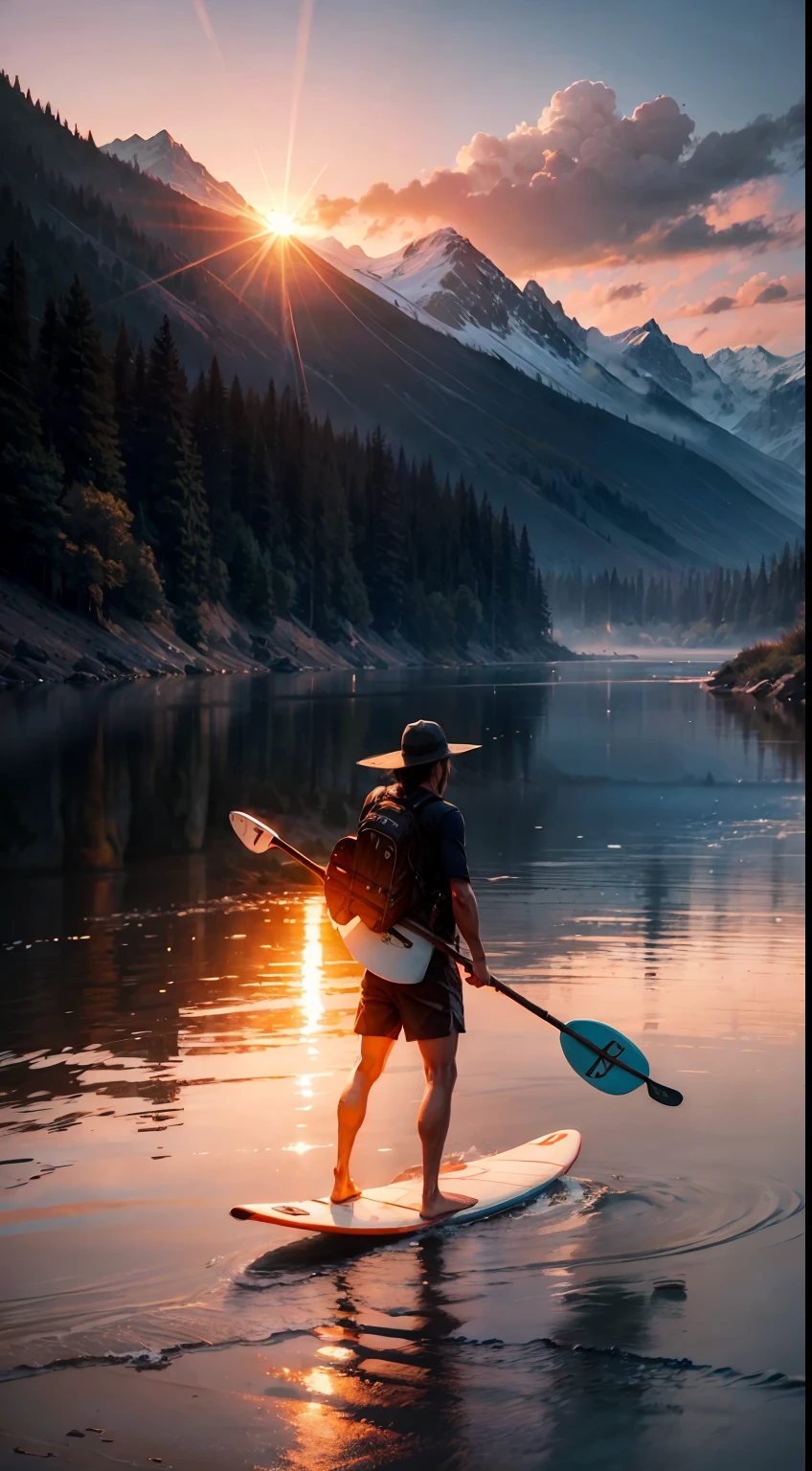 rivers, SUP surfing, ember, Sunset, mountains, summertime, Cinematic, atmospheric, Masterpiece