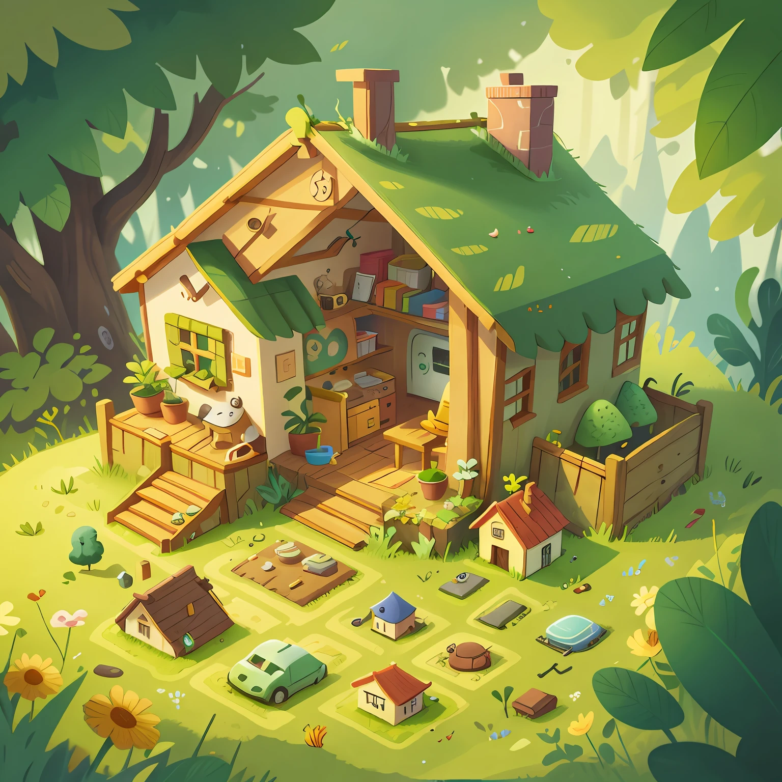 living quarters, isometric, cartoon illustration, (Green-Powered:0.4), (SolarPunkAI:0.4) ;