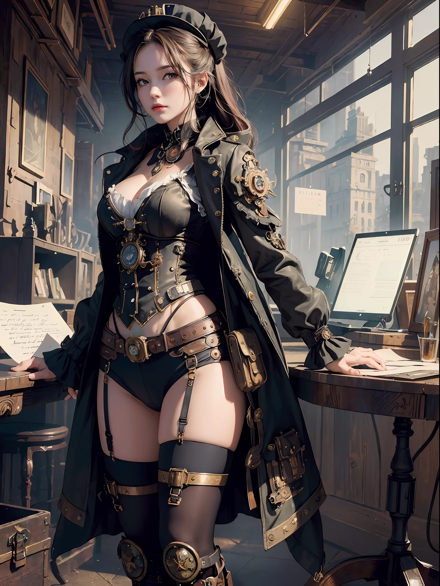 (masterpiece, top quality, best quality, official art, beautiful and aesthetic:1.2), (1girl:1.3), extreme detailed,(Steampunk:1.2),colorful,highest detailed, post office, writing letter