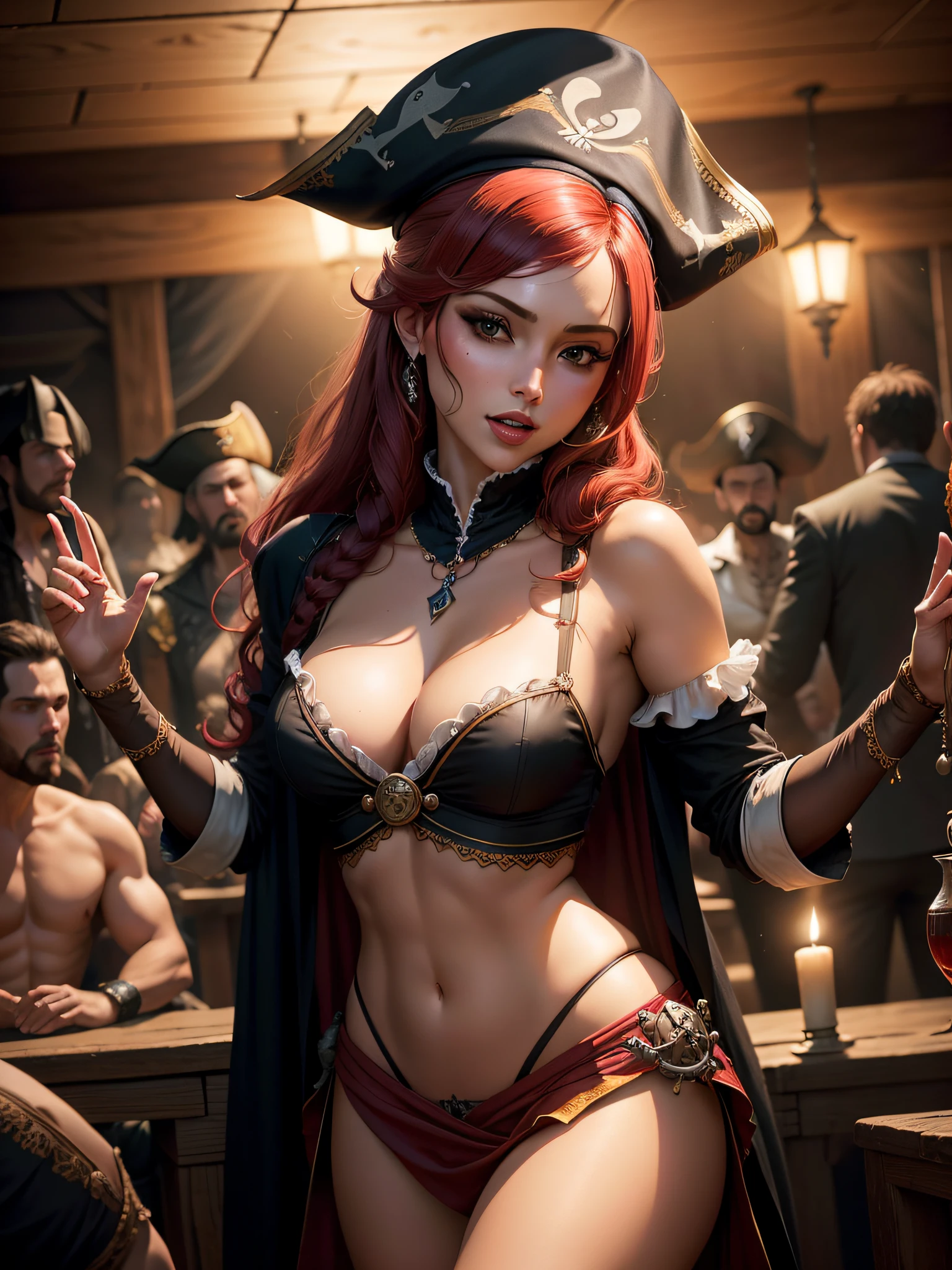 Find the charismatic seductive tavern, Grace, vestida com uma elegante roupa de pirata com um toque de sensualidade. She entertains a boisterous crowd of pirates in a dimly lit tavern, adding an aura of fascination and excitement to the lively atmosphere.