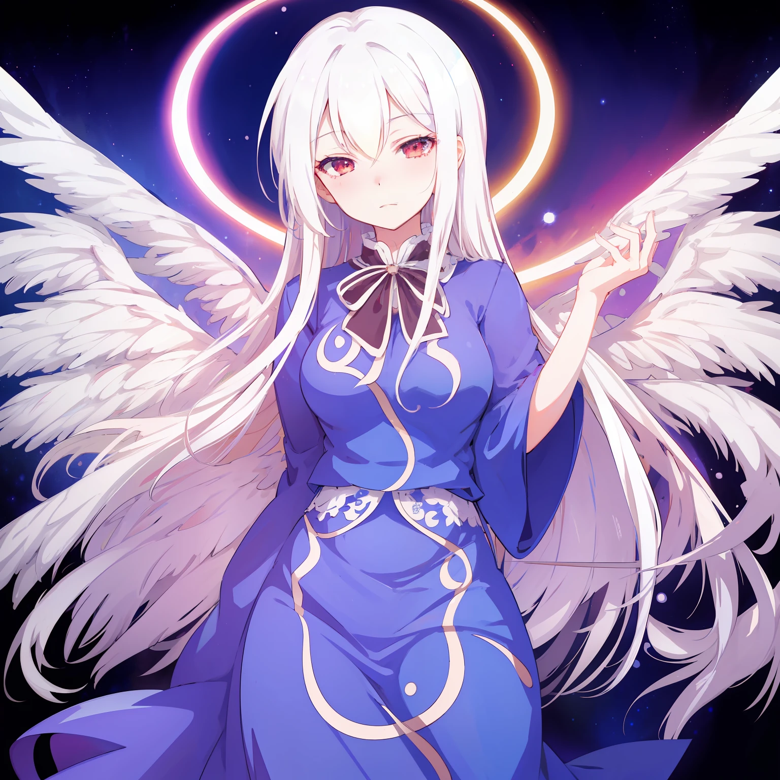 masutepiece, Fine detail, 4K, 8K, 12K, Solo, 1 person, Beautiful Girl, caucasian female, Sariel, Touhou Project, White hair, Red Eyes, Wings, Blue clothes, cana, Dream fantasies, cosmic background, nigh sky, Milky way, Milky way