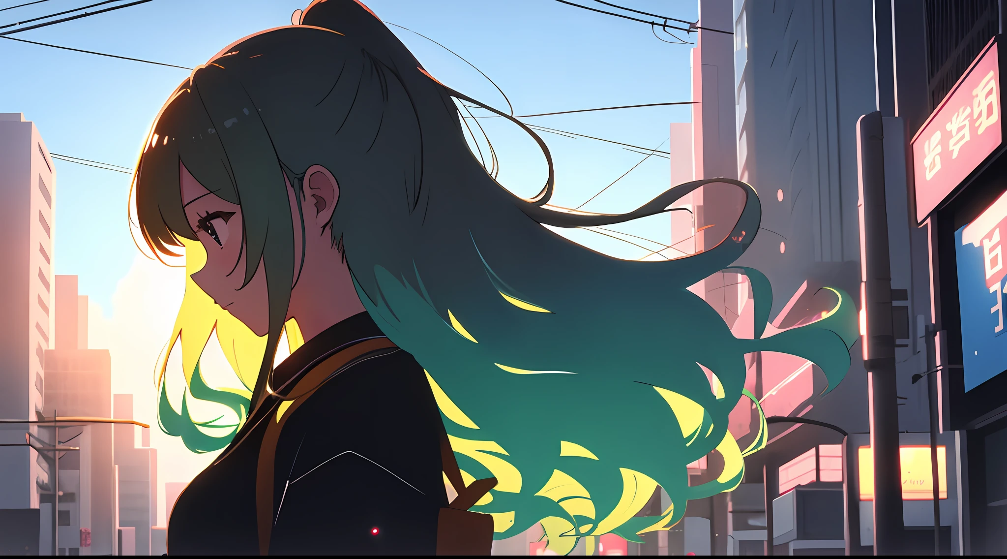 I don't want to lose to my bearish self、City Pop style、silhuette、Long hair、Hair flutters、profile、CG wind