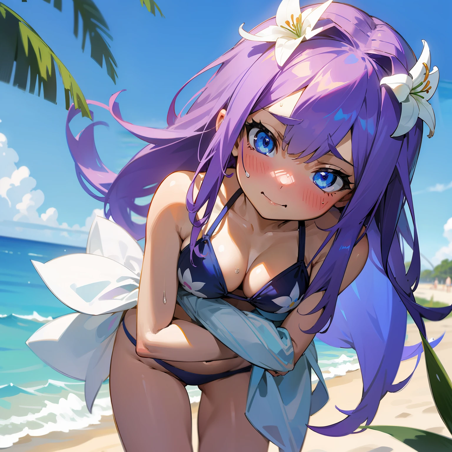 Purple hair、blue eyess、the beach、The bikini、Colossal tits、cute little、length hair、blushed face、embarrassed from、High quality、Lily flower ornament on the head