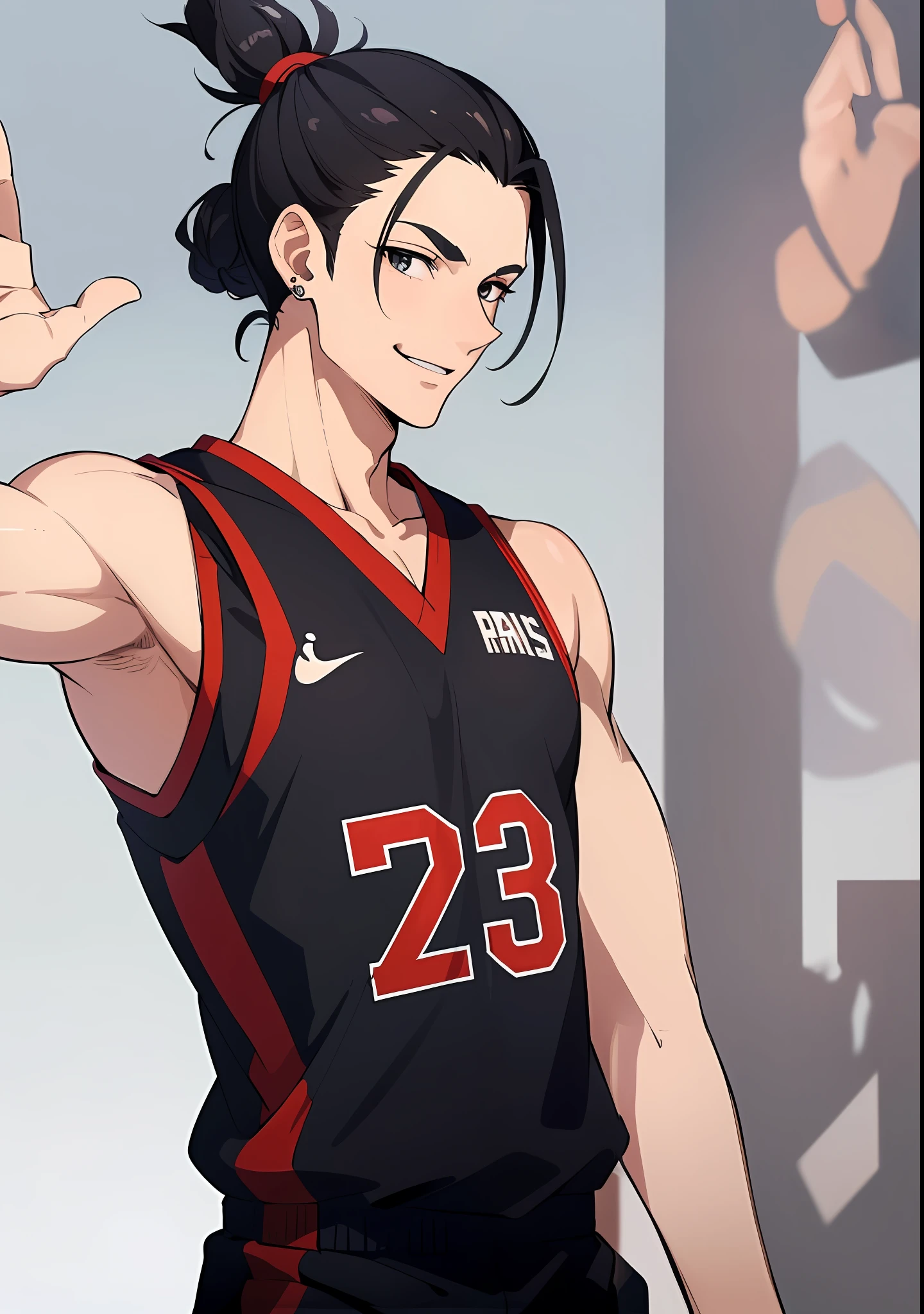 ((masterpiece)), (((best quality))), (super detail) expressive eyes, perfect face, (1man), man, lazy eye, smile, normal skin, wearing basketball uniform, black eyes, ear piercing, man bun black hair, hand raised, arm slightly bent at the elbow, a white background (medium shot body)